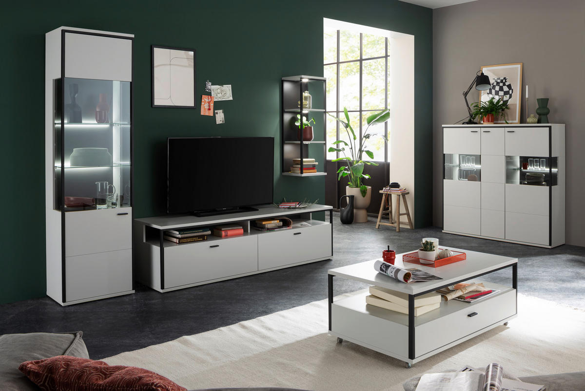 WOHNWAND  in Schwarz, Weiss 265/199/51 cm  - Weiss/Schwarz, Design, Glas/Holzwerkstoff (265/199/51cm) - Stylife