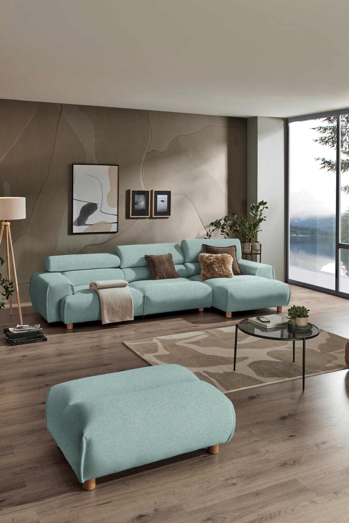 ECKSOFA in Velours Mintgrün  329/150 cm  - Buchefarben/Mintgrün, Design, Holz/Textil (329/150cm) - Lomoco