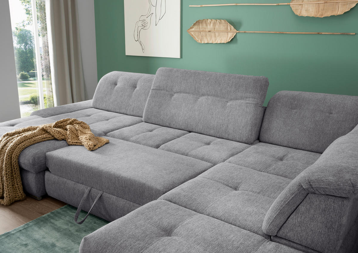 WOHNLANDSCHAFT in Chenille Dunkelgrau  - Chromfarben/Dunkelgrau, Design, Textil/Metall (195/376/254cm) - Livetastic