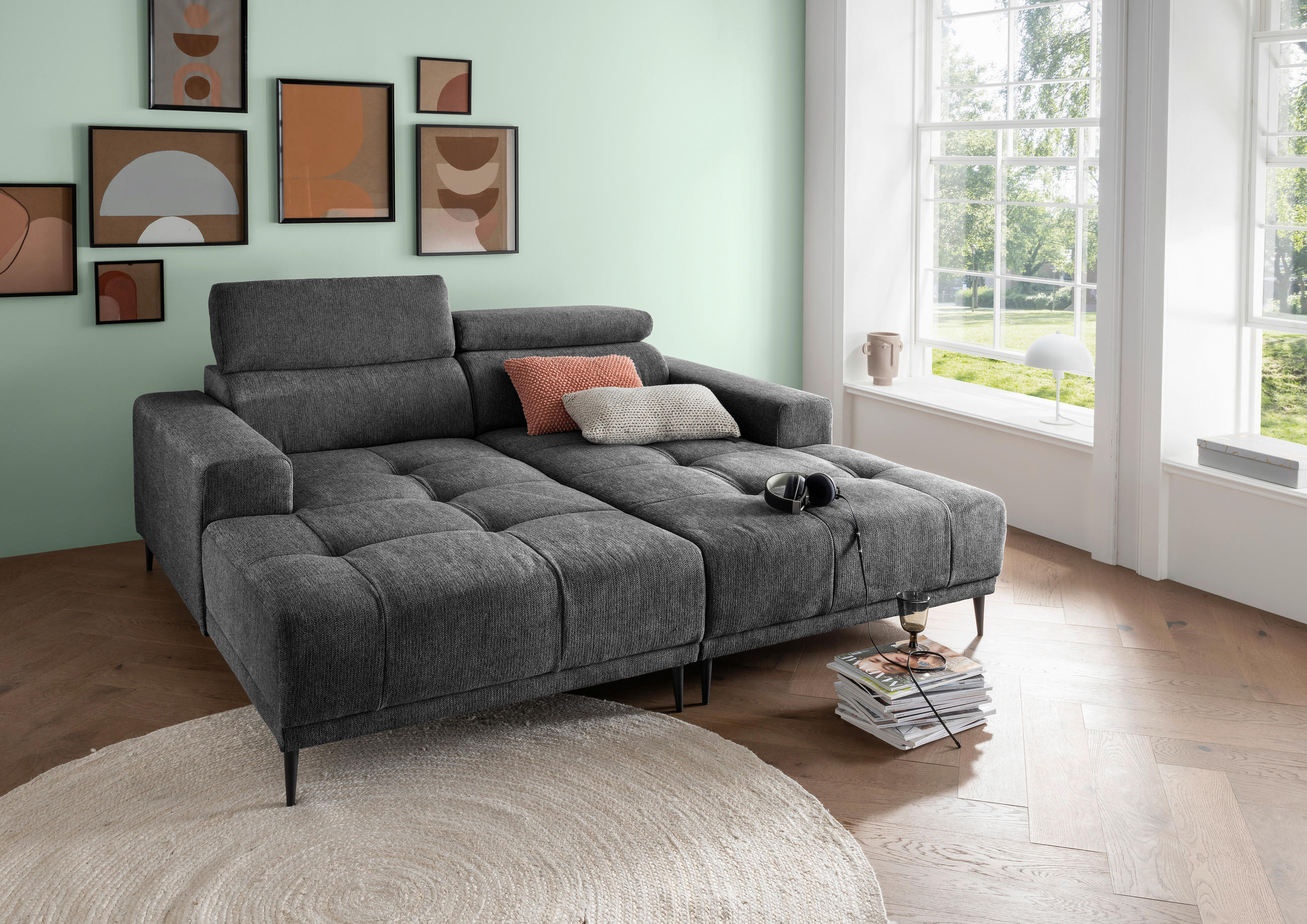 BIGSOFA Chenille Anthrazit  - Anthrazit/Schwarz, Konventionell, Textil/Metall (200/79-95/188cm) - P & B