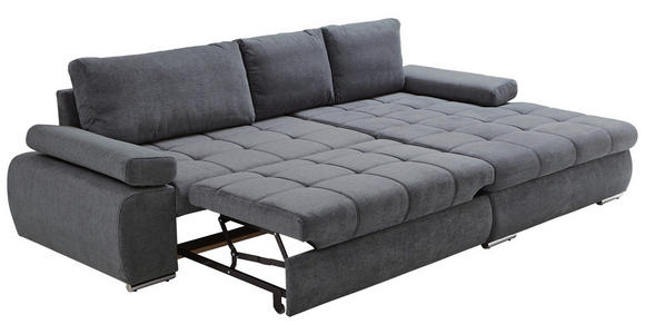 Das Bild zeigt ein dunkelgraues Sofa mit drei Sitzkissen und zwei Rückenkissen. Das Sofa ist ausgezogen und hat eine Liegefläche von 140x200 cm. Es hat einen modernen Stil und ist mit einem hochwertigen Stoff bezogen.
