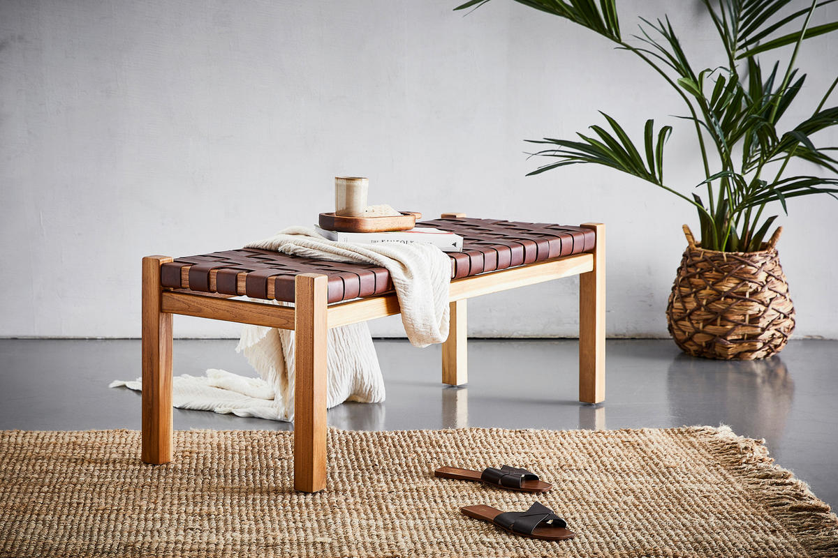 HOCKERBANK in Holz, Leder Cognac  - Hellbraun/Cognac, Basics, Leder/Holz (120/45/43cm) - MID.YOU