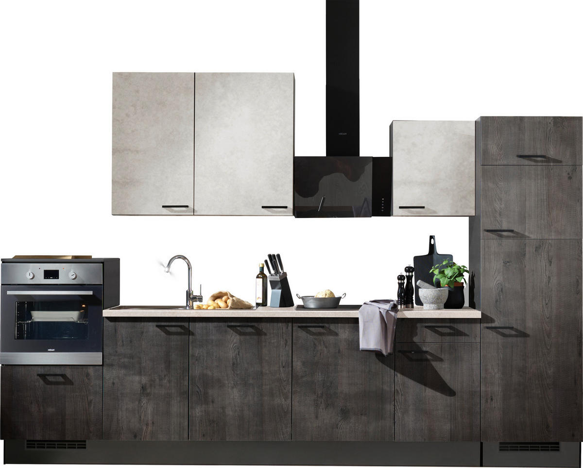 KÜCHENLEERBLOCK 340 cm   in Grau, Weiß, Eiche dunkel  - Eiche dunkel/Schwarz, Design, Holzwerkstoff/Metall (340cm) - Xora