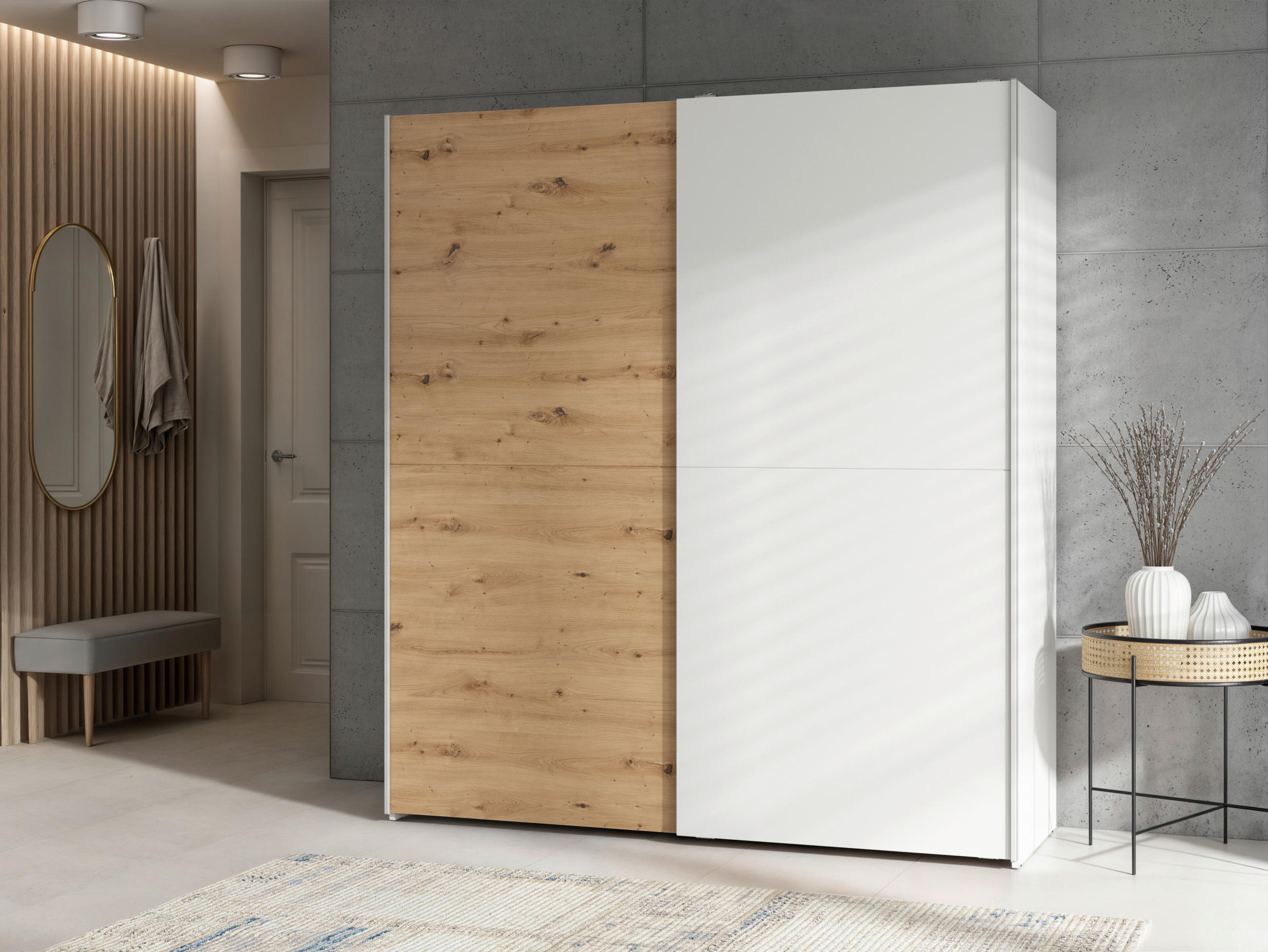 SCHWEBETÜRENSCHRANK 170/191/59 cm 2-türig Eiche Artisan, Weiß  - Silberfarben/Eiche Artisan, Basics, Holzwerkstoff/Kunststoff (170/191/59cm) - Boxxx