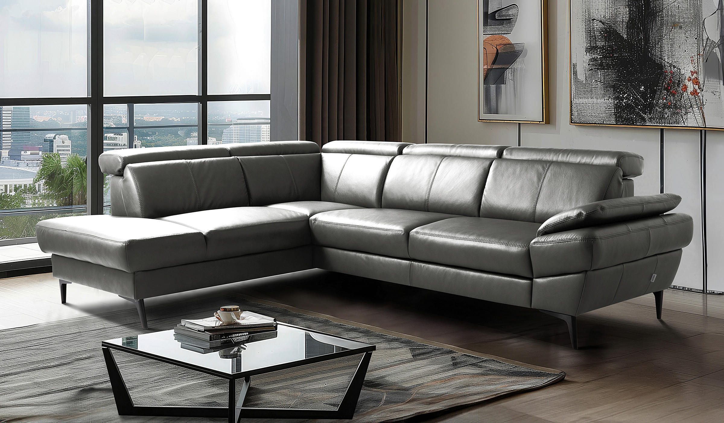 ECKSOFA  in Lederlook Echtleder Anthrazit  - Anthrazit/Schwarz, Design, Leder/Textil (211/264cm) - Livetastic