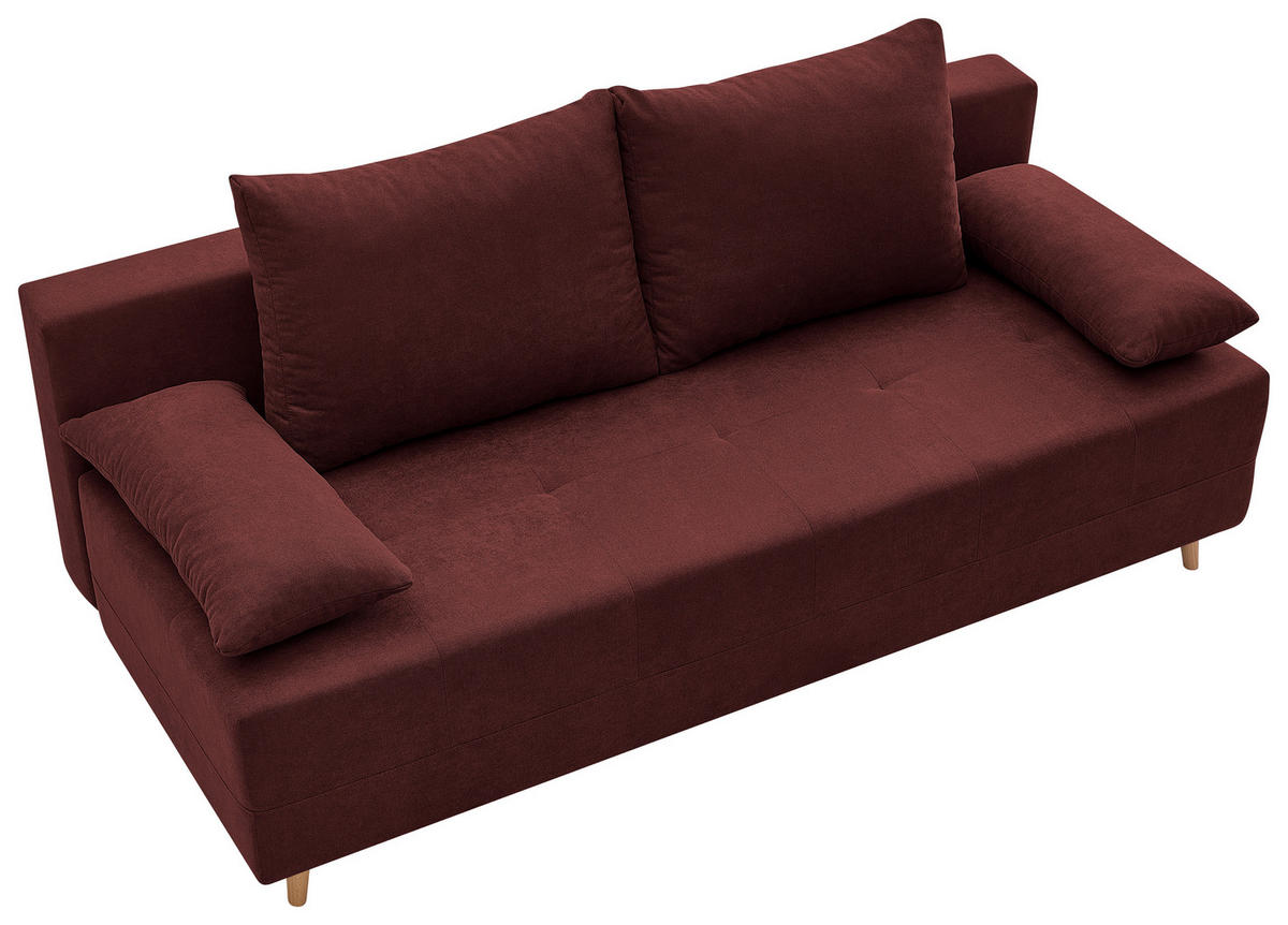 SCHLAFSOFA LUMOS Samt Bordeaux  inkl. Rückenkissen, Armlehnenkissen, Schlaffunktion, Rücken echt, Stauraum  - Bordeaux/Naturfarben, Design, Textil (206/96/96cm) - P & B