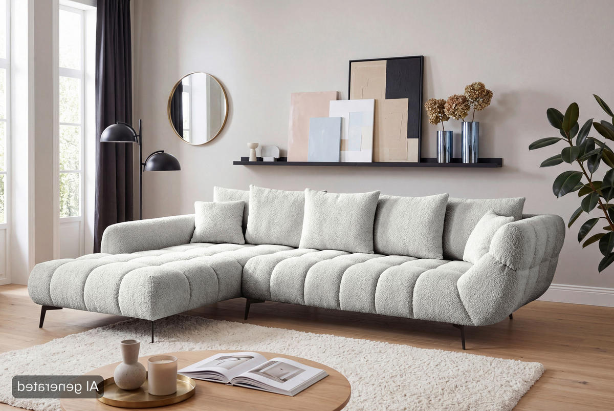 ECKSOFA Elfenbein Bouclé Zierkissen, Rückenkissen, Rücken echt  - Elfenbein/Schwarz, MODERN, Textil/Metall (217/318cm) - Carryhome