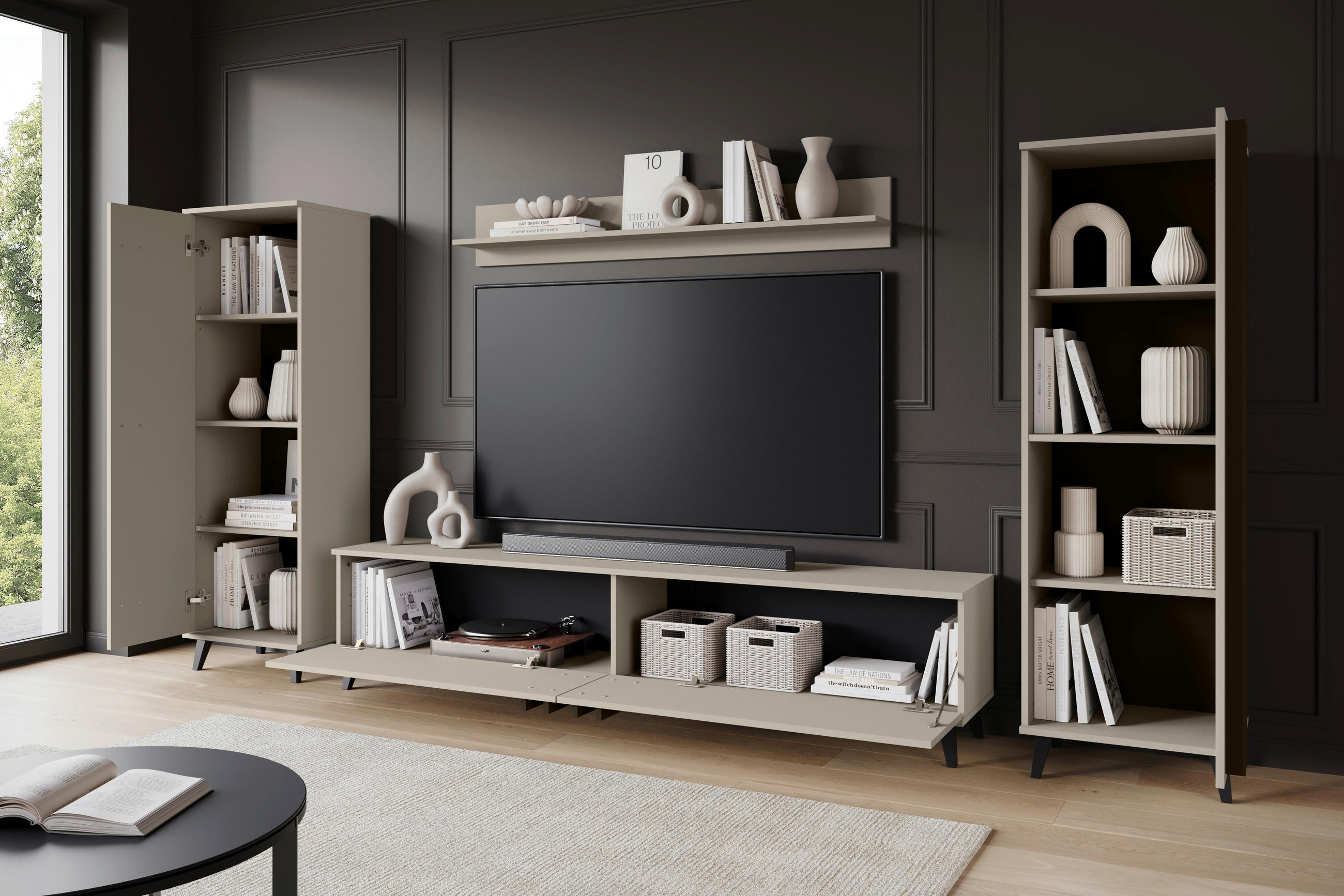 WOHNWAND 4-teilig in Beige 270/140/33 cm - Beige/Schwarz, Trend, Holzwerkstoff/Kunststoff (270/140/33cm)