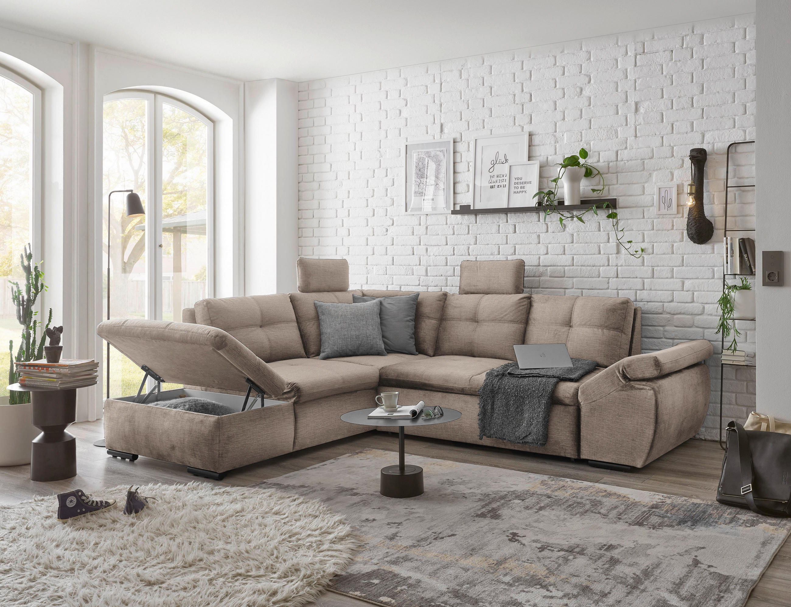 Thumbnail - Carryhome Ecksofa, Creme, Textil, 5-Sitzer, Füllung: Schaumstoffflocken, Ottomane links, L-Form, 265x217 cm, Typenauswah...