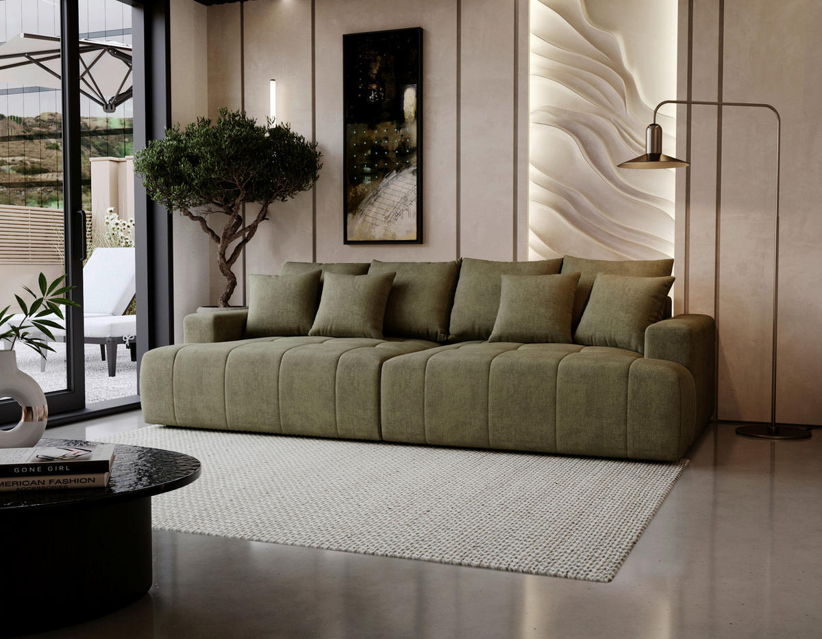 BIGSOFA ADELE in Chenille Olivgrün  - Schwarz/Olivgrün, Design, Kunststoff/Textil (270/85/136cm) - Livetastic