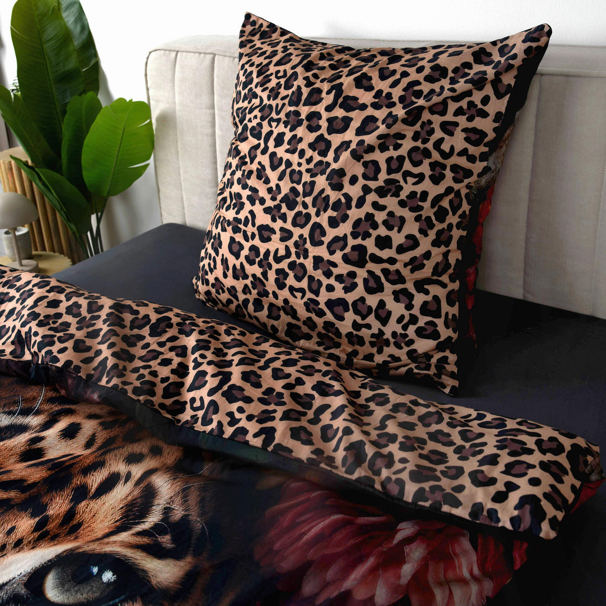 BETTWÄSCHE 2-teilig Wild Flowers Leopard Bettwäsche Renforcé 135/200 cm  - Schwarz/Braun, Design, Textil (135/200cm) - Herding