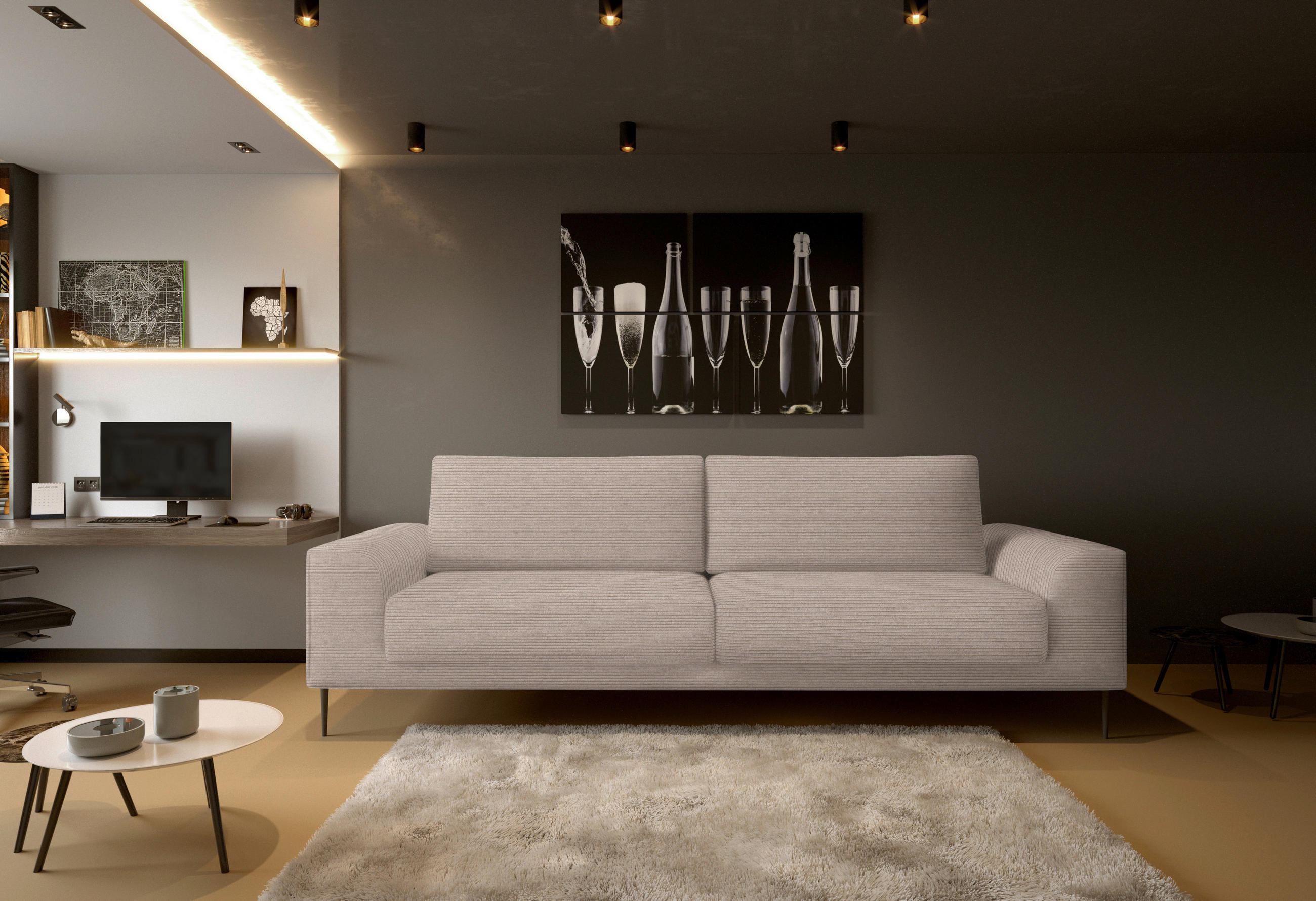 SCHLAFSOFA Cord Hellbraun  - Hellbraun/Schwarz, Design, Textil/Metall (250/89/105cm) - Livetastic