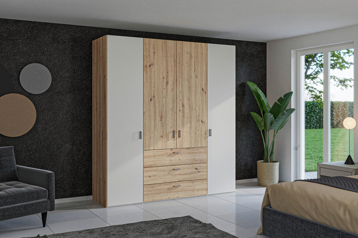KLEIDERSCHRANK 203/220/59 cm,  in Creme, Weiß, Eiche Artisan, 4-türig  - Hellbraun/Creme, Design, Holzwerkstoff/Metall (203/220/59cm) - Jutzler