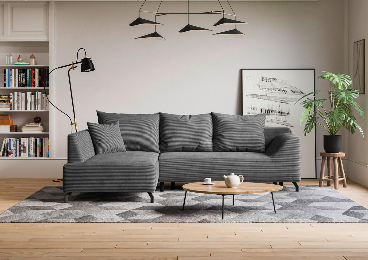ECKSCHLAFSOFA  mit Bettkasten erhältlich, seitenverkehrt erhältlich, Schlafen auf Sitzhöhe, Bettfunktion erhältlich, Rücken echt Cord Silberfarben  - Silberfarben/Schwarz, Design, Textil/Metall (167/273cm) - MID.YOU