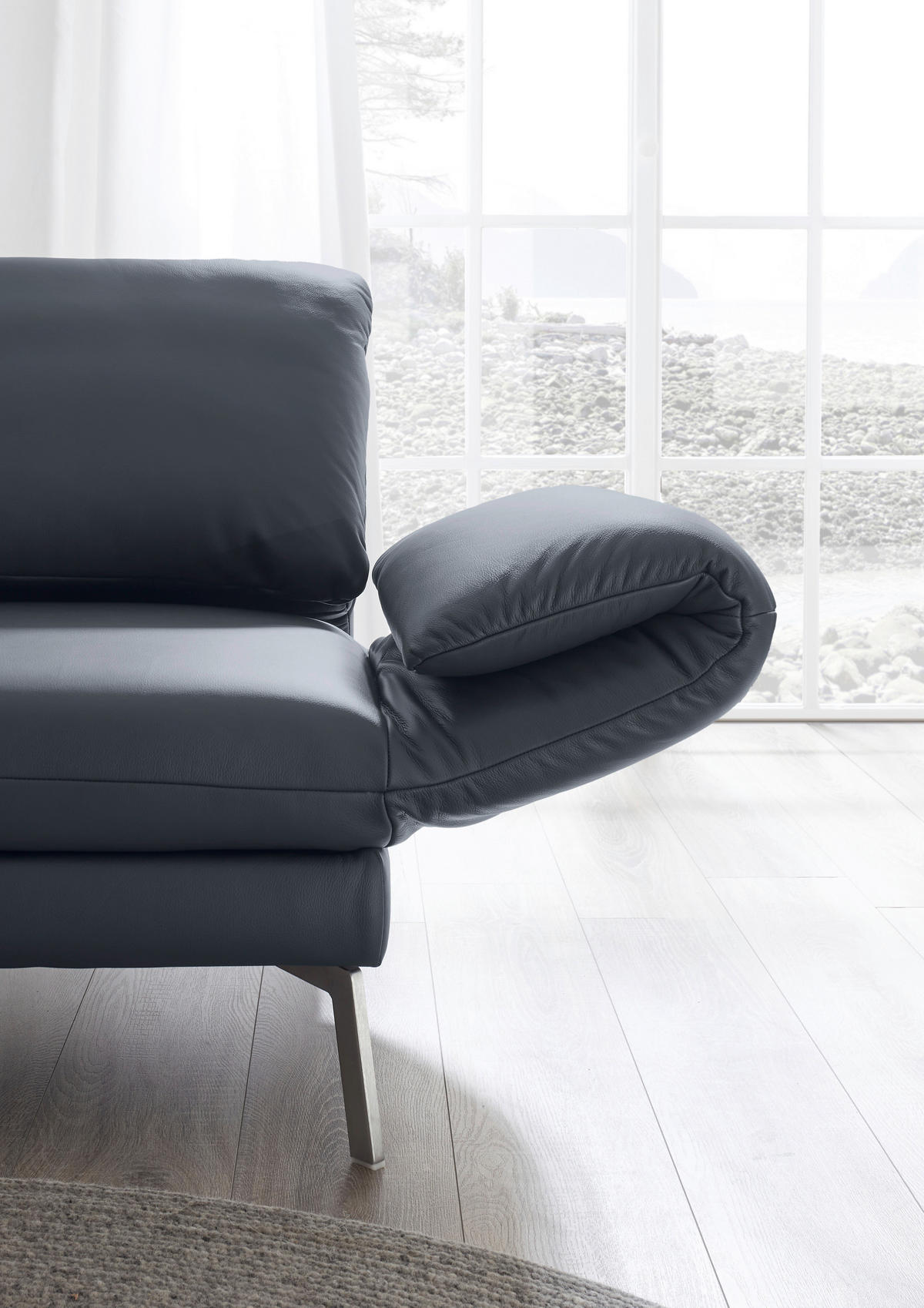 RÉCAMIERE Dunkelblau, Blaugrau Echtleder  - Chromfarben/Blaugrau, Design, Leder/Metall (209/85-109/95-16cm) - Dieter Knoll