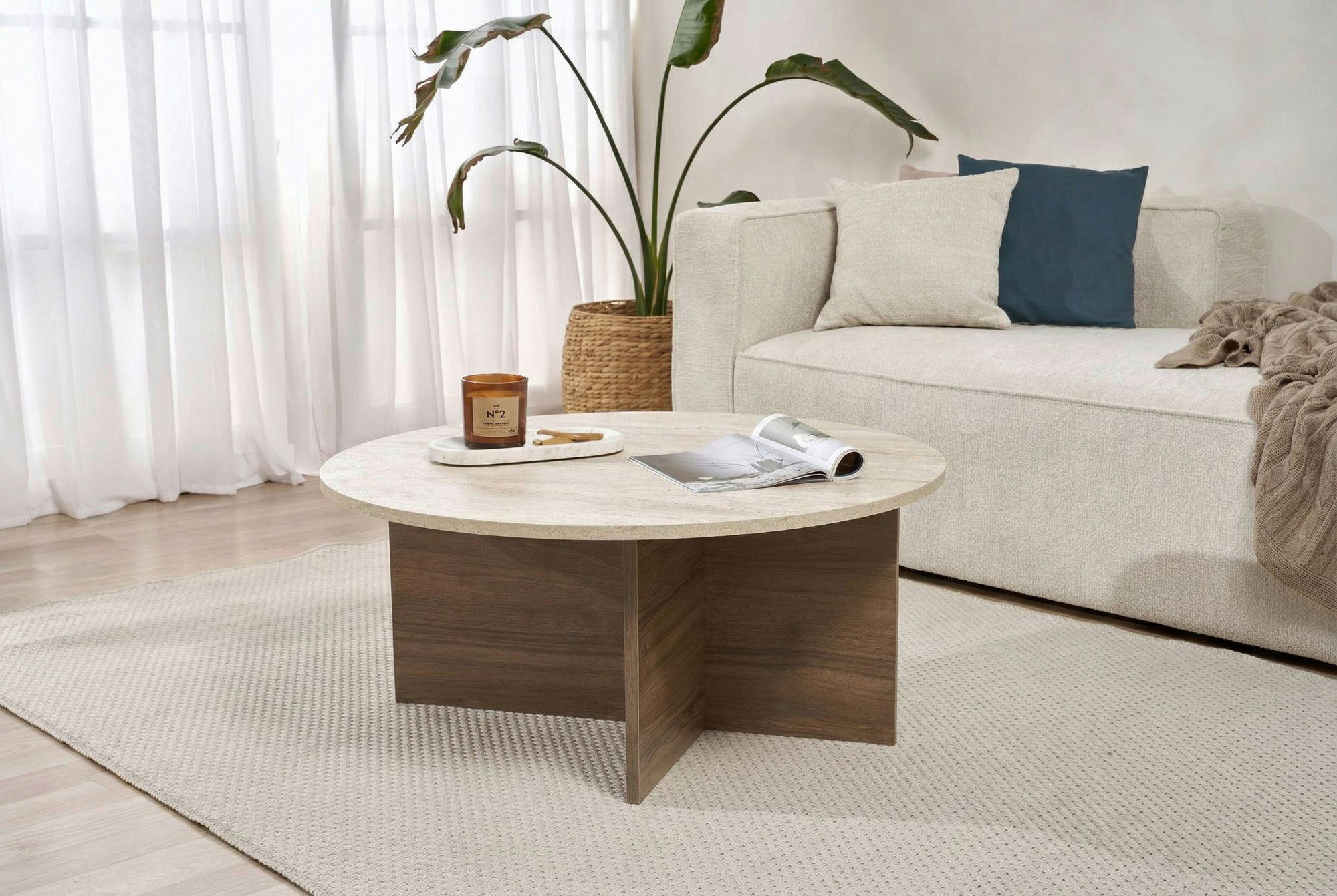 COUCHTISCH 90/90/40 cm rund Creme, Walnussfarben einfacher Aufbau  - Walnussfarben/Creme, Design, Holzwerkstoff (90/90/40cm) - MID.YOU