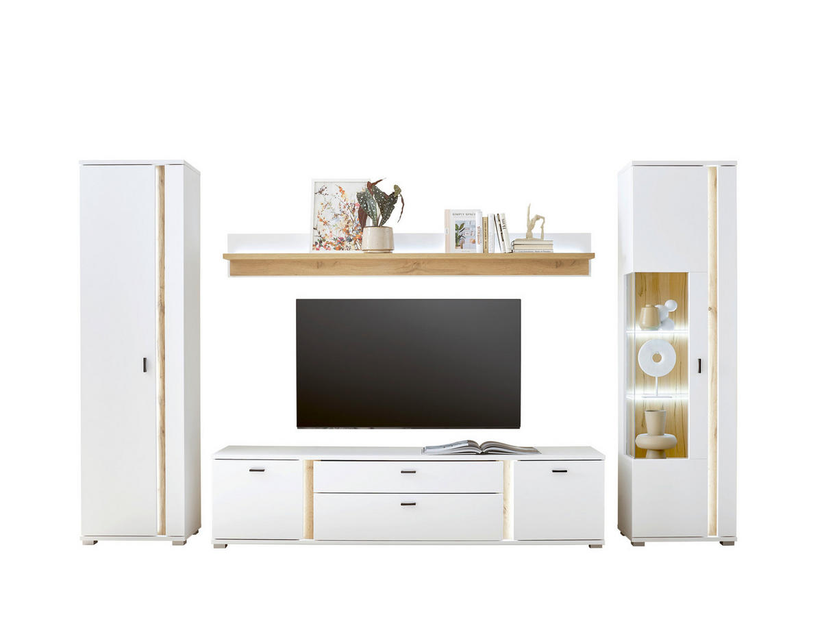 WOHNWAND 4-teilig  in Weiß, Eiche Wotan  330/200/42 cm  - Silberfarben/Eiche Wotan, Design, Glas/Holzwerkstoff (330/200/42cm) - MID.YOU