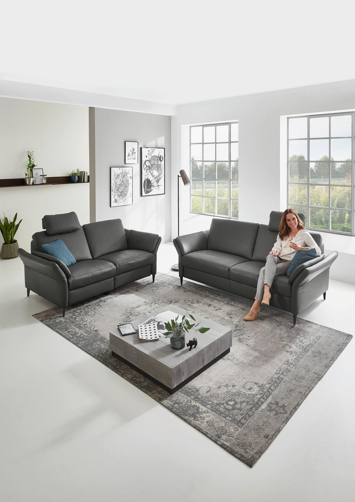 3-SITZER-SOFA Echtleder Anthrazit, Schwarz  - Anthrazit/Schwarz, Design, Leder/Metall (190/84/99cm) - Dieter Knoll