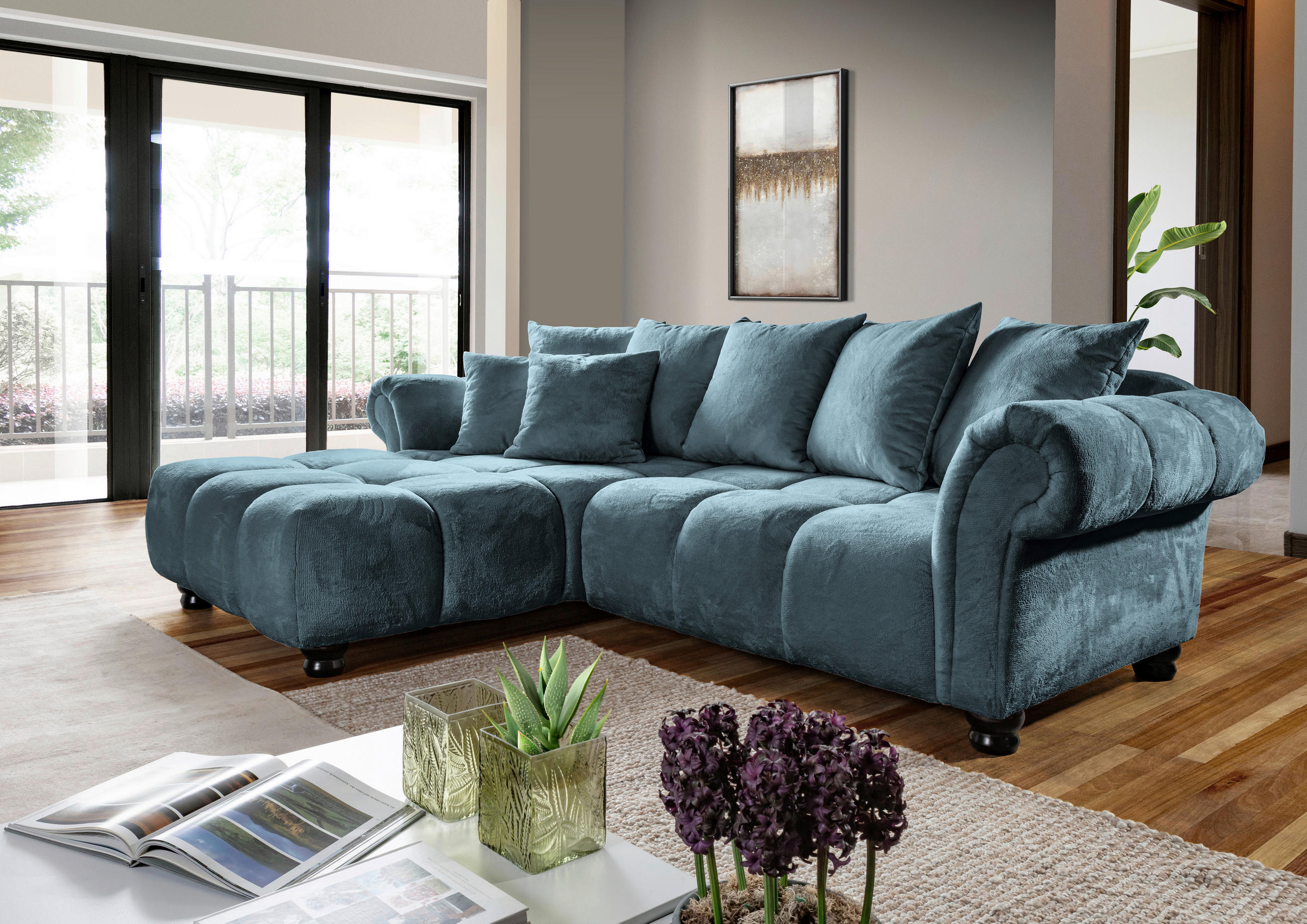 ECKSOFA Petrol Plüsch  - Dunkelbraun/Petrol, KONVENTIONELL, Holz/Textil (190/288cm) - Carryhome