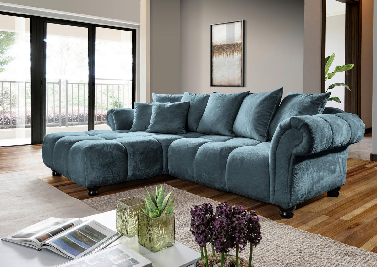 HÖRNSOFFA i plysch petrol  - petrol/mörkbrun, Klassisk, trä/textil (190/288cm) - MID.YOU