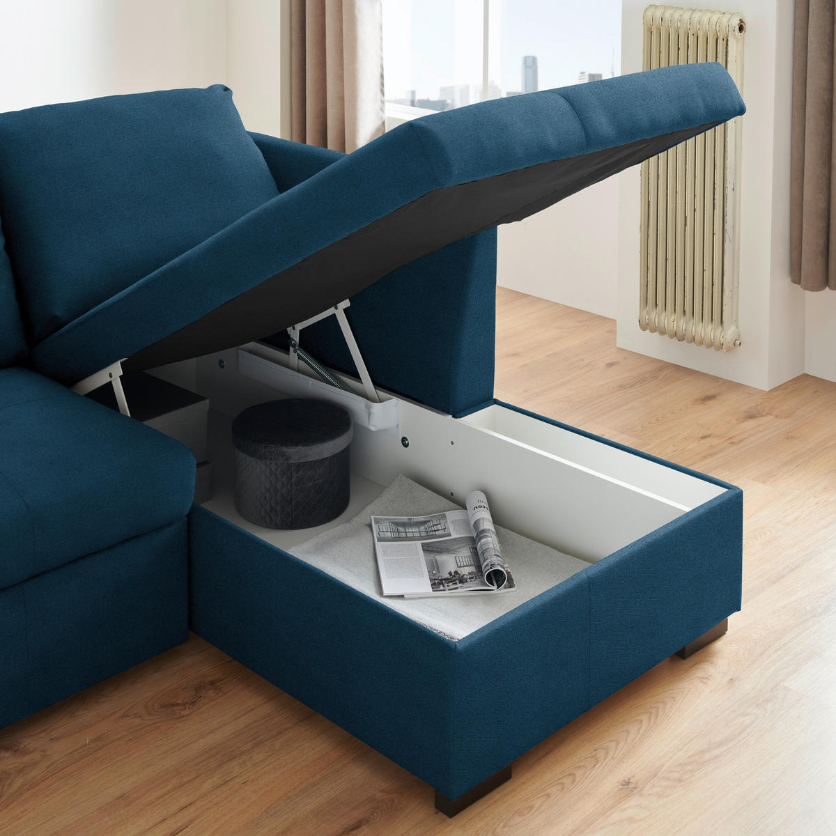ECKSOFA in Webstoff Blau  - Blau/Schwarz, Design, Kunststoff/Textil (238/158cm) - Livetastic