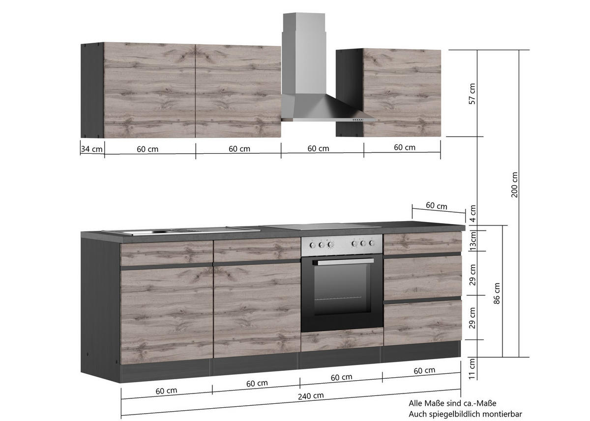 KÜCHENBLOCK 240 cm   in Graphitfarben, Eiche Wotan  - Eiche Wotan/Graphitfarben, Design, Holzwerkstoff (240cm) - Held