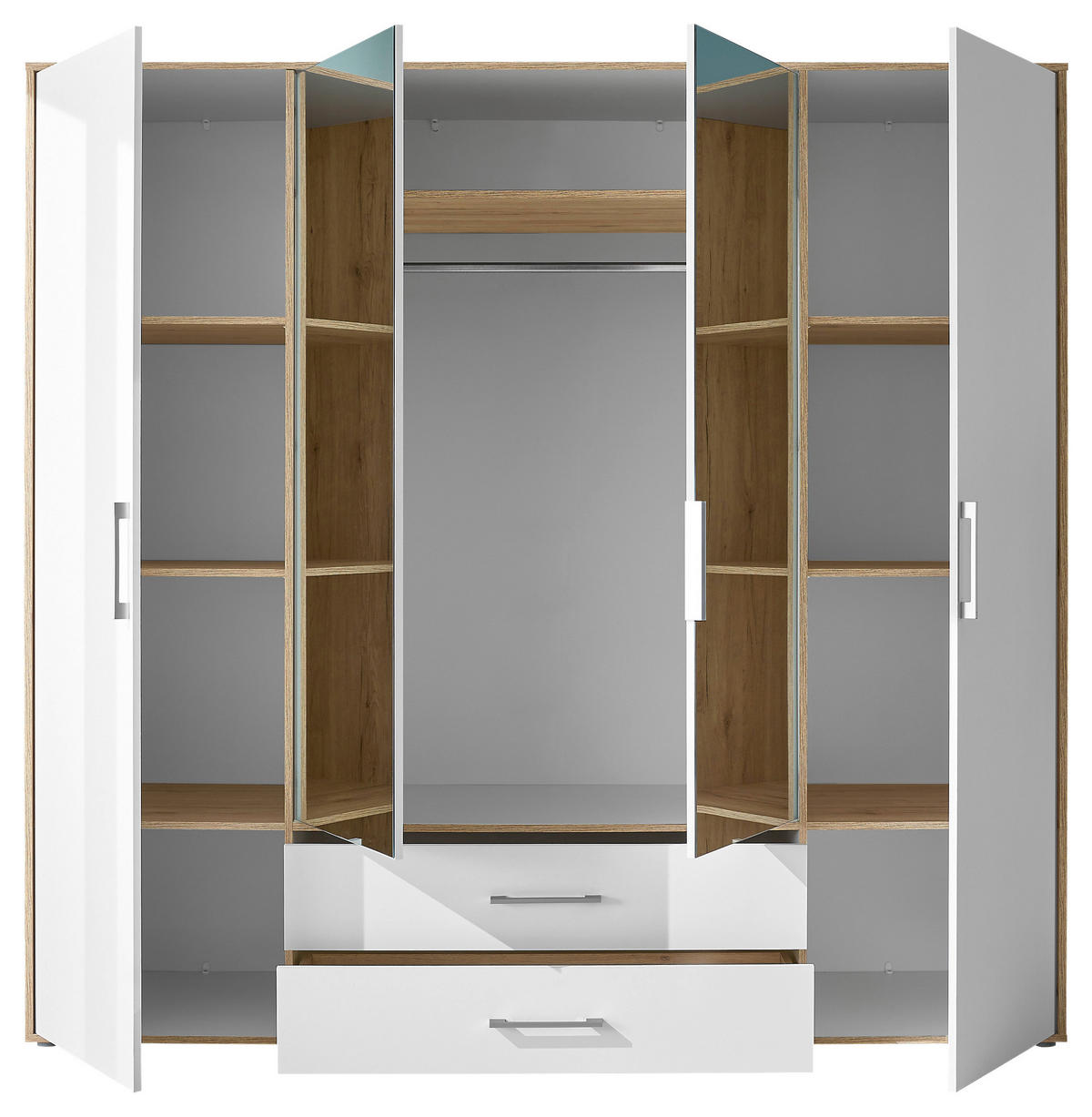 KLEIDERSCHRANK 206/195/60 cm 4-türig Weiß, Eiche Artisan  - Alufarben/Weiß, Basics, Glas/Holzwerkstoff (206/195/60cm)