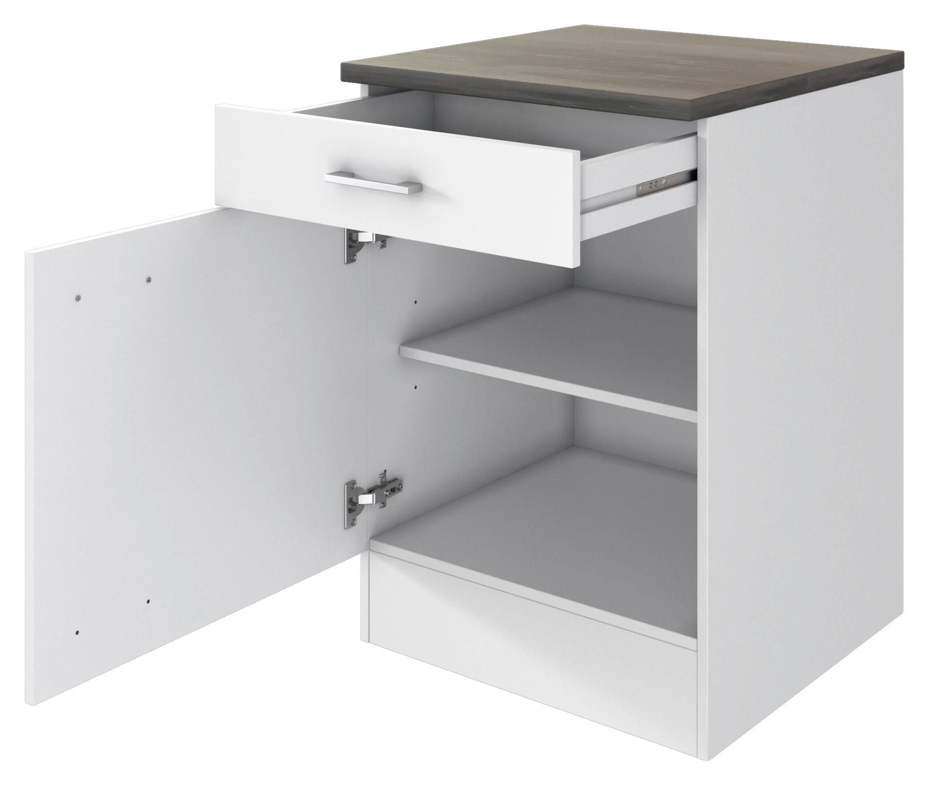 KÜCHENUNTERSCHRANK 60/85/60 cm  in Weiß  - Graubraun/Alufarben, KONVENTIONELL, Holzwerkstoff/Kunststoff (60/85/60cm) - FlexWell