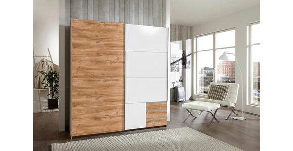 SCHWEBETÜRENSCHRANK in Weiß, Plankeneiche - Plankeneiche/Eichefarben, Design, Holzwerkstoff/Metall (179/198/64cm) - Carryhome