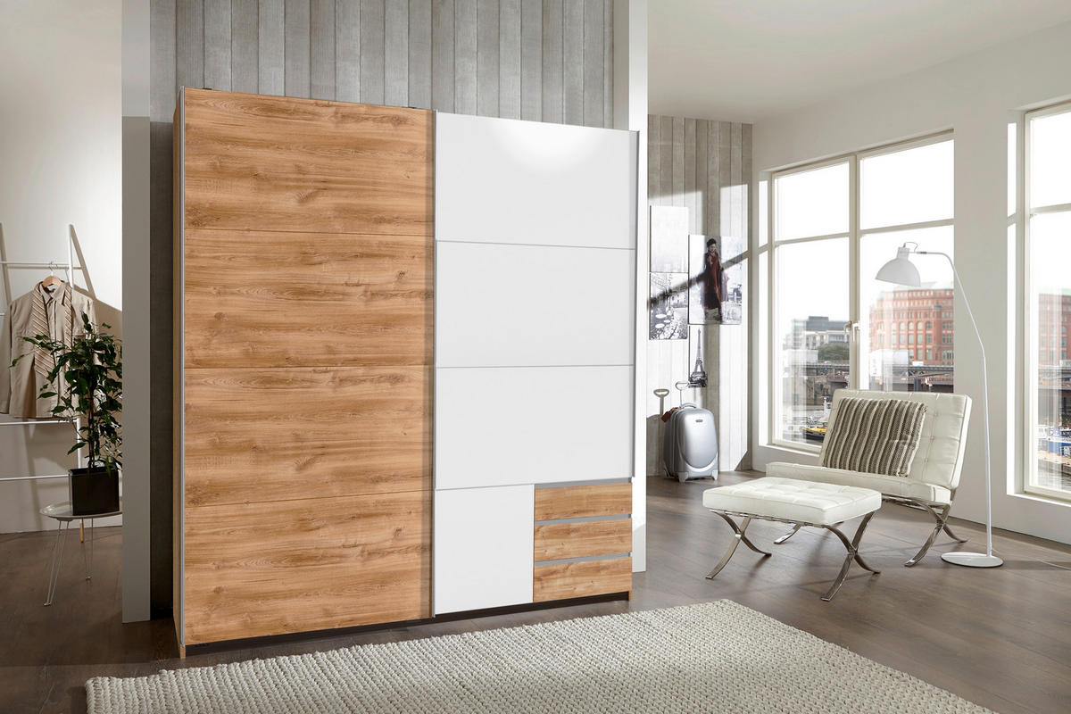 SCHWEBETÜRENSCHRANK  in Weiß, Plankeneiche  - Plankeneiche/Eichefarben, Design, Holzwerkstoff/Metall (179/198/64cm) - Carryhome