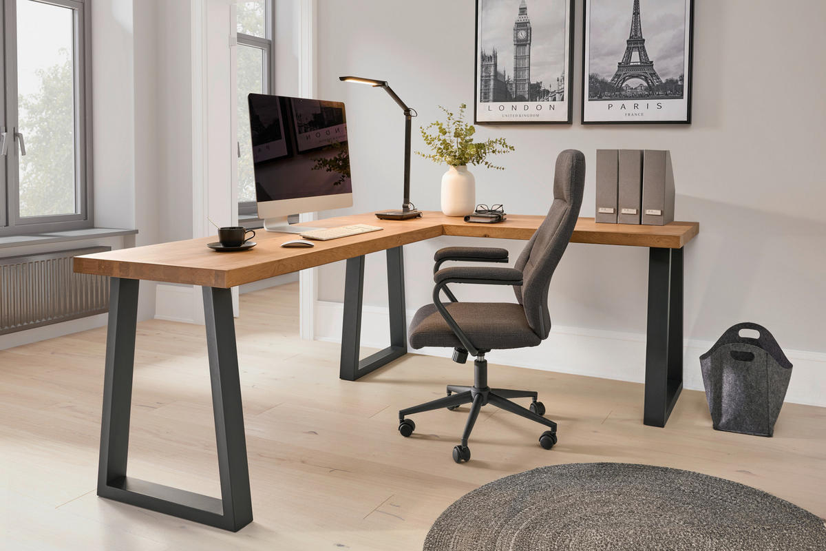 KOTNA PISALNA MIZA les, kovina, leseni material črna, barve hrasta  - črna/barve hrasta, Moderno, kovina/leseni material (200/160/75cm) - MID.YOU
