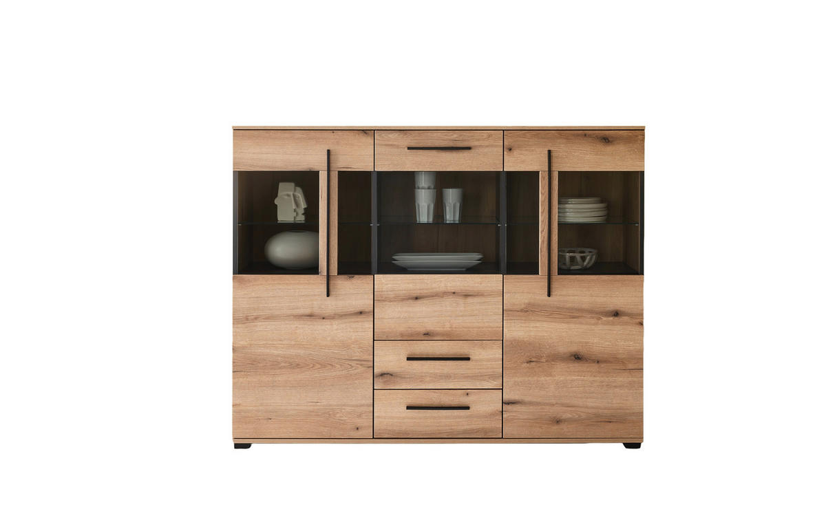 HIGHBOARD  160/126/42 cm 2 Schublade(n)  - Eichefarben/Schwarz, Design, Glas/Holzwerkstoff (160/126/42cm) - Livetastic