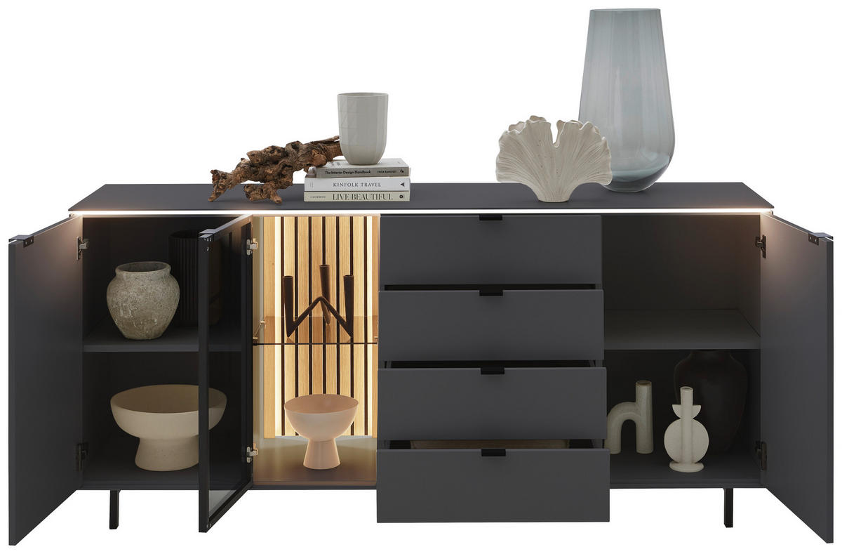 SIDEBOARD RIANI 186,2/98,1/46 cm 4 Schublade(n)  - Anthrazit/Schwarz, Design, Glas/Holz (186,2/98,1/46cm) - Dieter Knoll