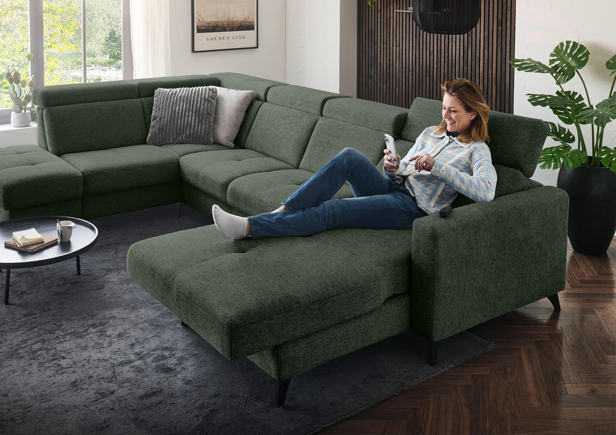 WOHNLANDSCHAFT Beldomo System Dunkelgrün Flachgewebe  - Dunkelgrün/Schwarz, KONVENTIONELL, Textil/Metall (215/333/174cm) - Beldomo System