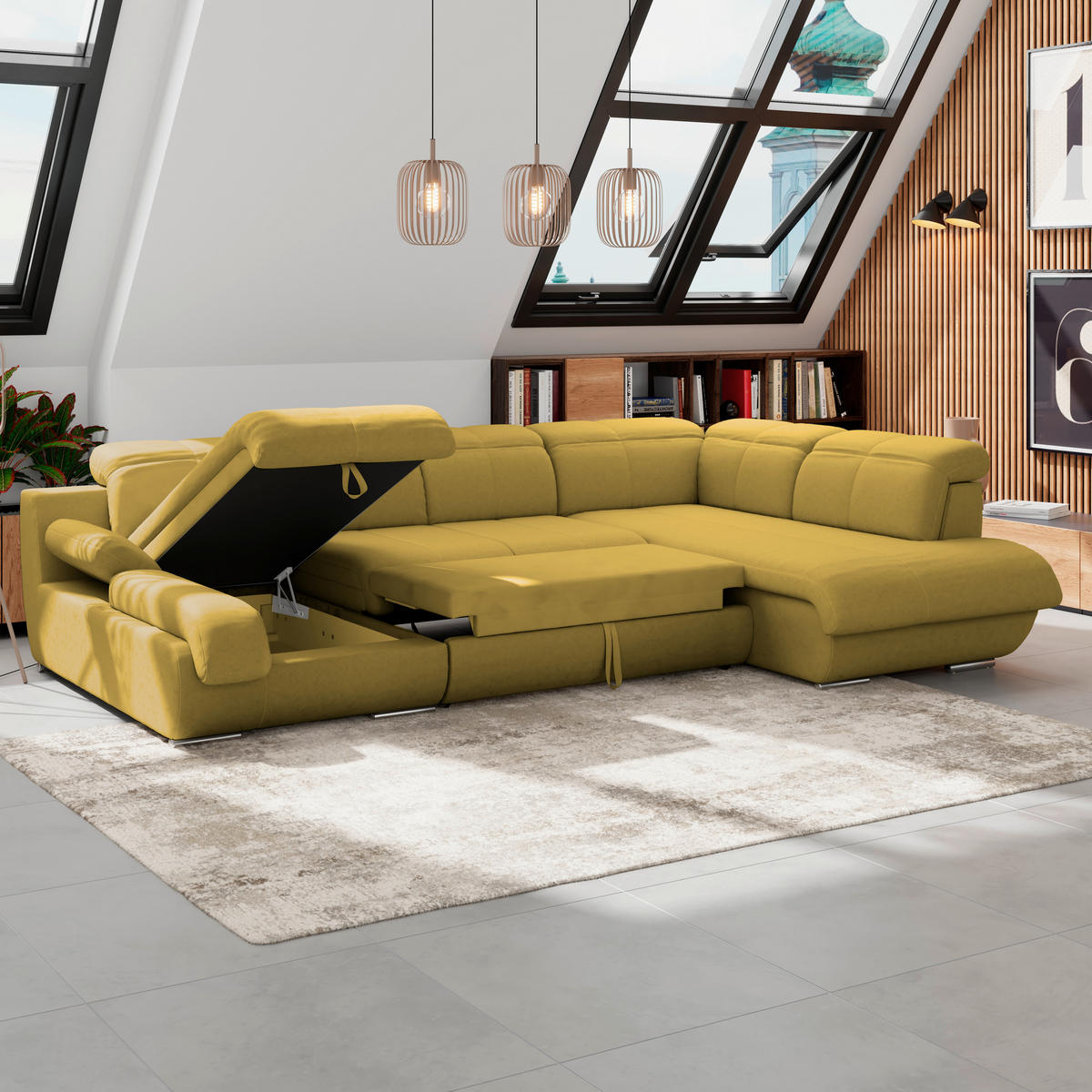 WOHNLANDSCHAFT Senfgelb Mikrofaser  - Chromfarben/Senfgelb, MODERN, Textil/Metall (184/345/228cm) - MID.YOU