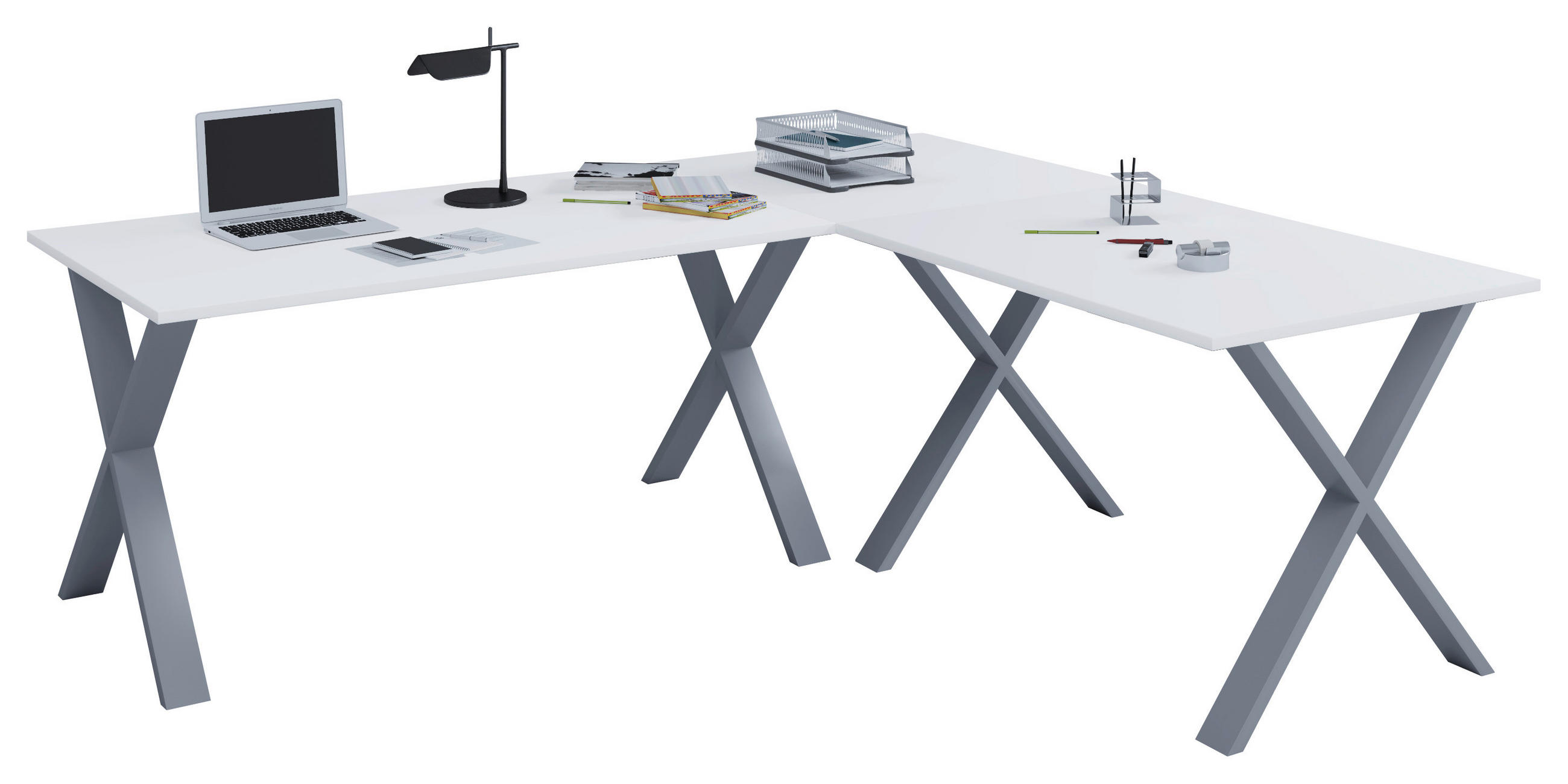 ECKSCHREIBTISCH 160/80/76 cm  in Silberfarben, Weiß  - Silberfarben/Weiß, MODERN, Holzwerkstoff/Metall (160/80/76cm) - MID.YOU