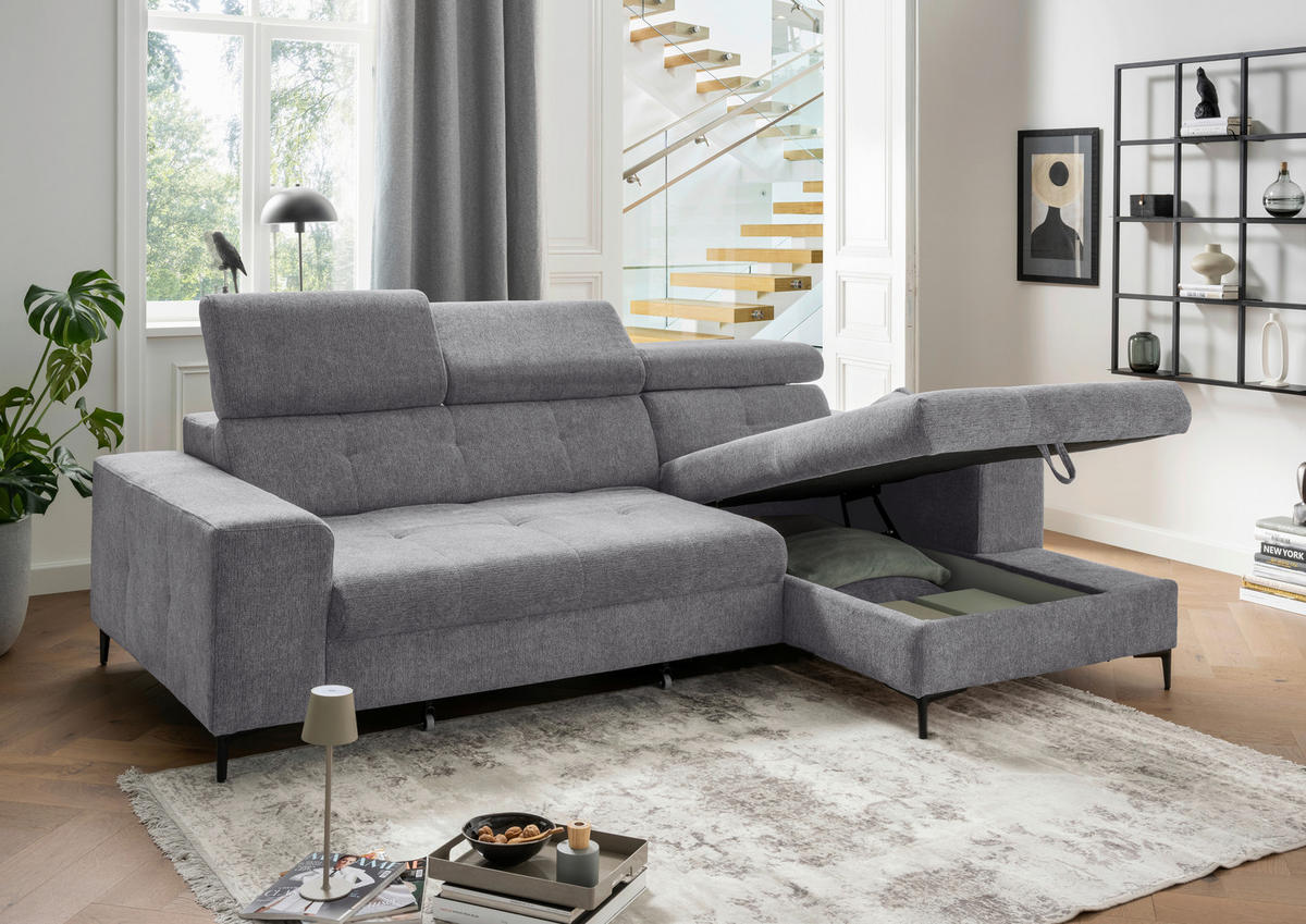 ECKSOFA Chenille Dunkelgrau  - Dunkelgrau/Schwarz, Basics, Textil/Metall (270/186cm) - Livetastic