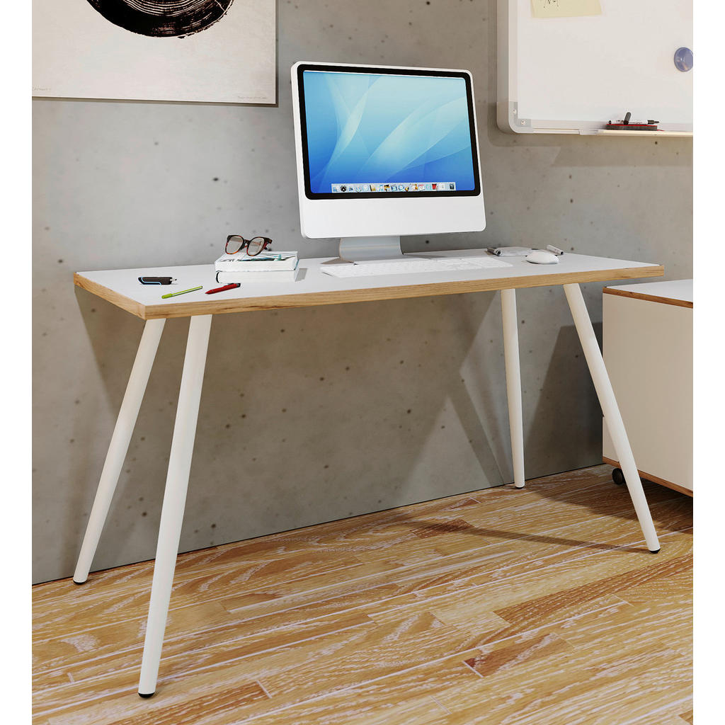 Thumbnail - Mid.you Schreibtisch, Weiß, Honigeiche, Metall, Holzwerkstoff, rechteckig, konisch, 50x70x138 cm, Arbeitszimmer, Schreib...