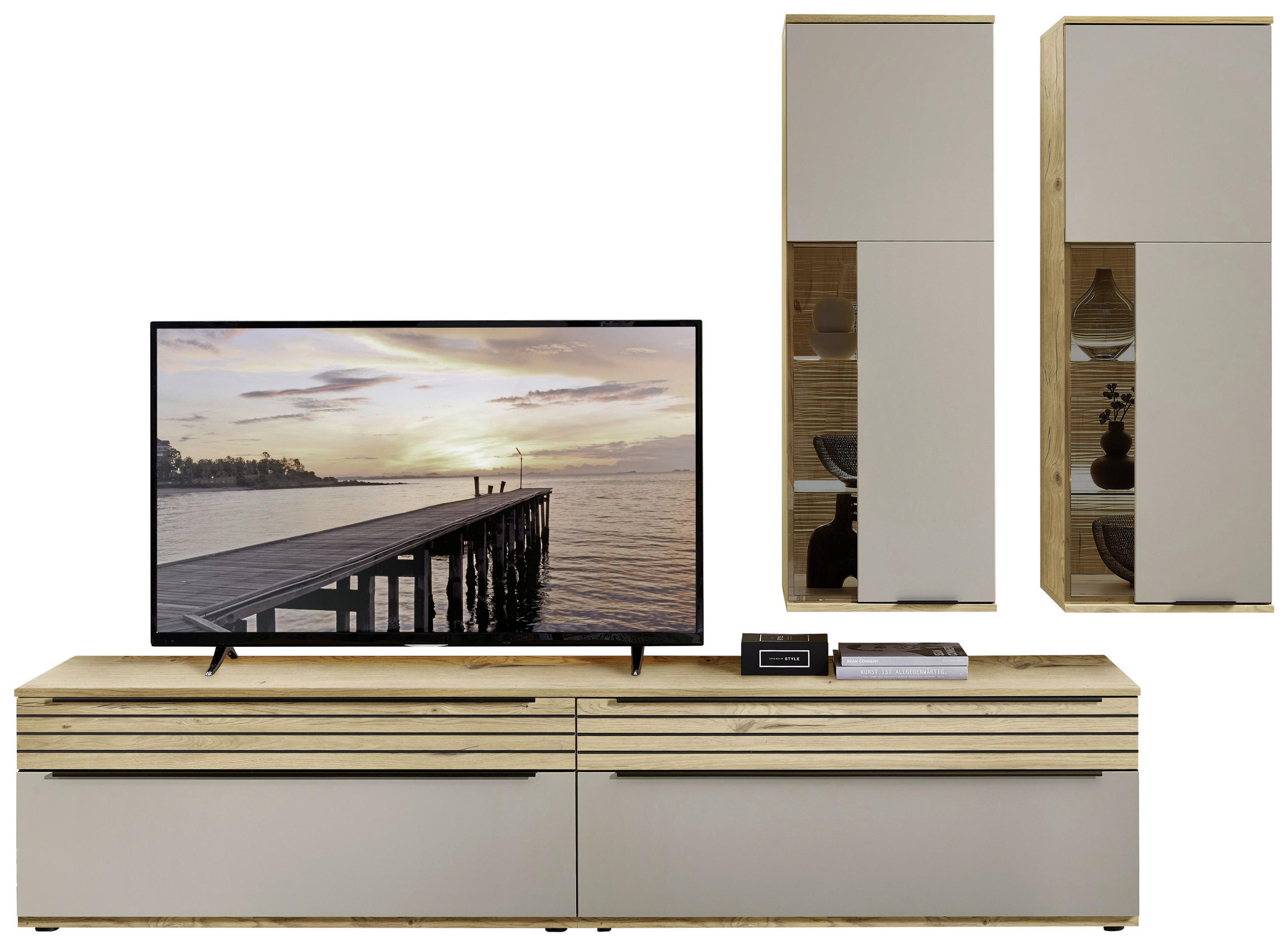 WOHNWAND  in Grau, Eichefarben  270/215/45 cm  - Eichefarben/Schwarz, KONVENTIONELL, Glas/Holzwerkstoff (270/215/45cm) - Venda