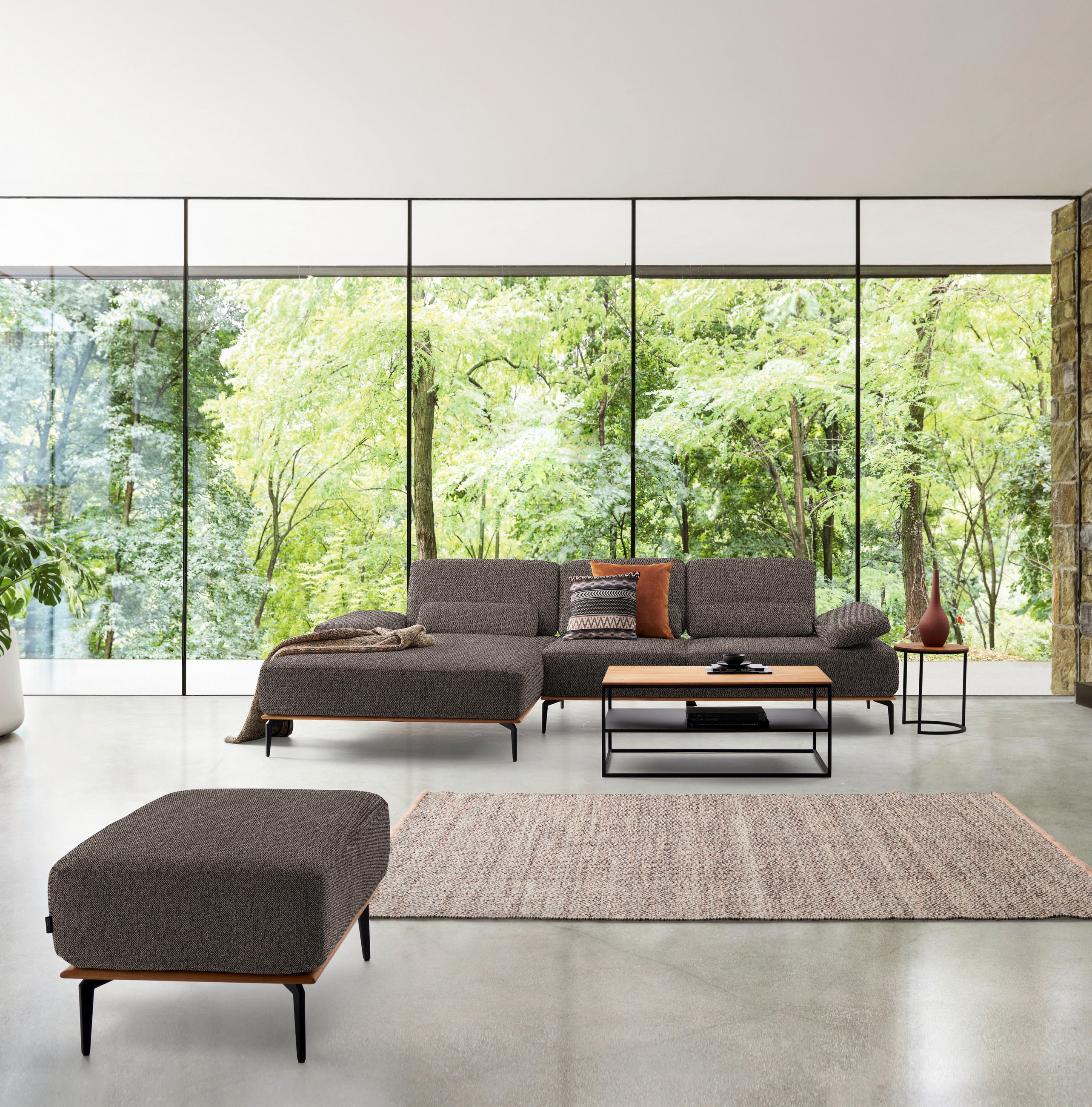ECKSOFA in Flachgewebe Graubraun  - Graubraun/Schwarz, Natur, Holz/Textil (176/314cm) - Valnatura