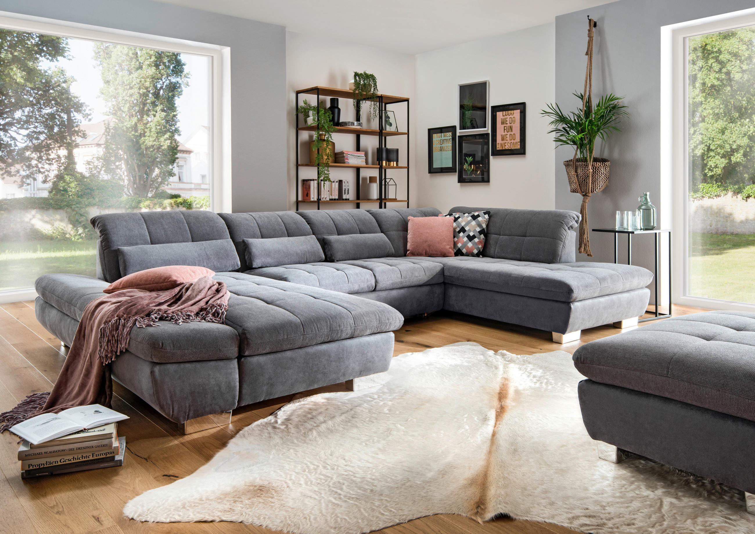 WOHNLANDSCHAFT Grau Mikrofaser - Chromfarben/Grau, Design, Kunststoff/Textil (204/350/211cm) - Xora