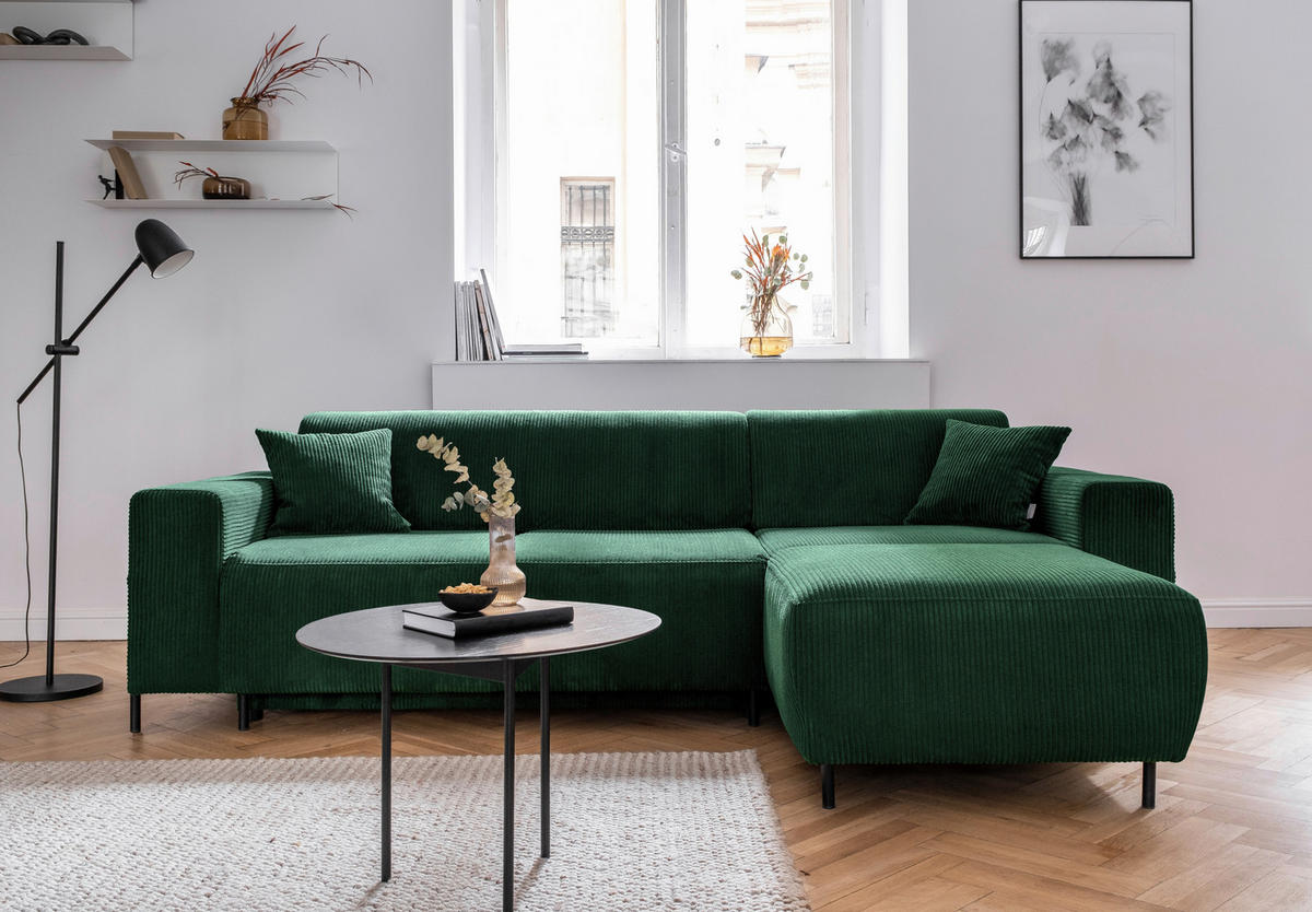 ECKSOFA Dunkelgrün Cord  - Dunkelgrün/Schwarz, Textil/Metall (260/165cm) - MID.YOU