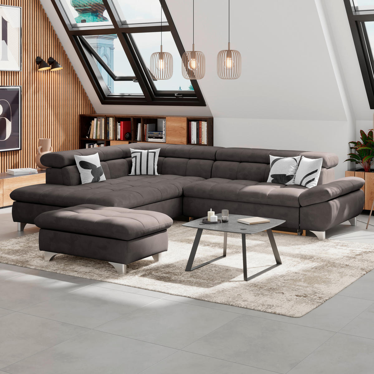 ECKSOFA Graubraun Chenille  - Chromfarben/Graubraun, KONVENTIONELL, Textil/Metall (234/312cm) - Livetastic