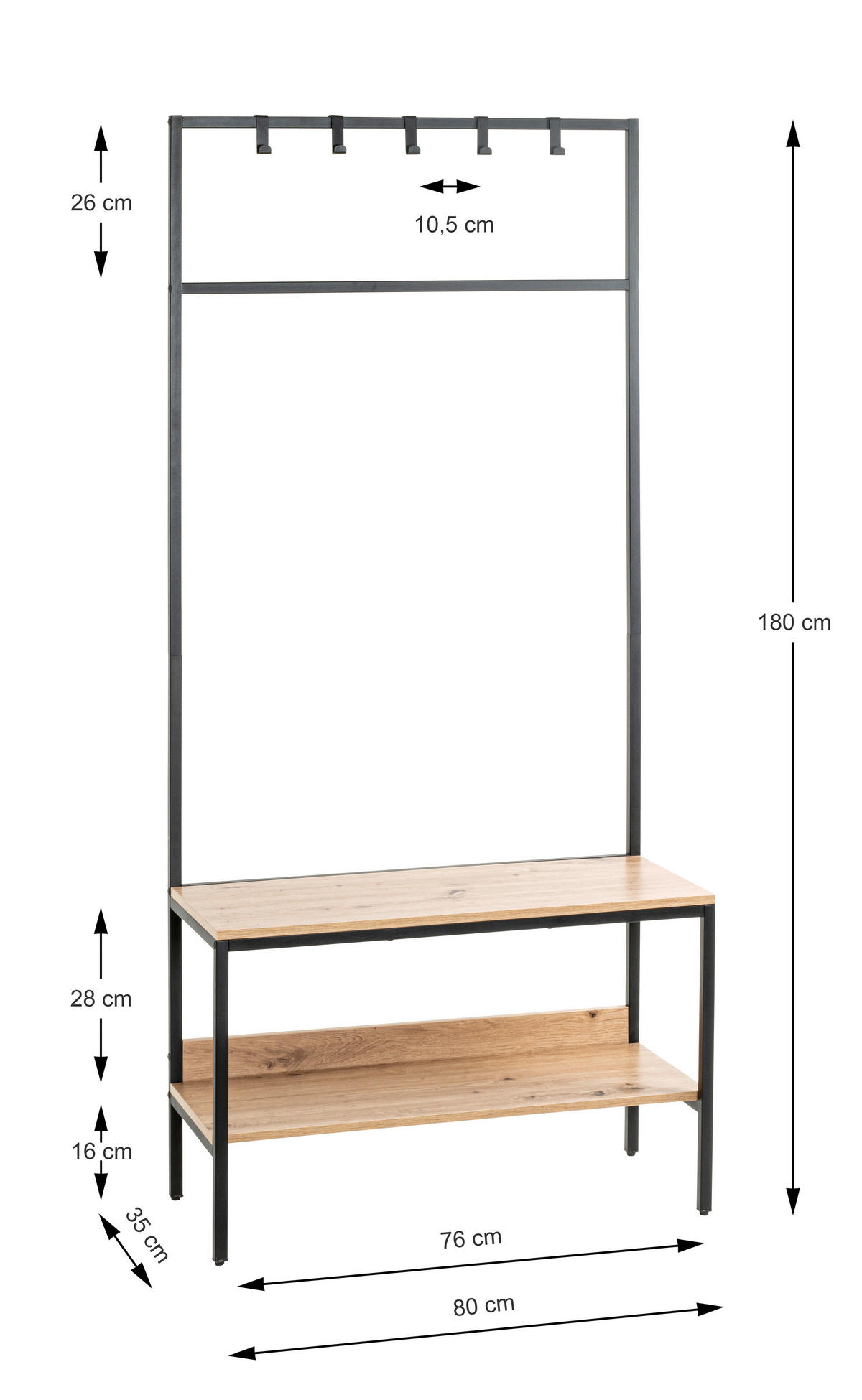 GARDEROBE  in 80/180/35 cm  - Eichefarben/Schwarz, Design, Holzwerkstoff/Metall (80/180/35cm)