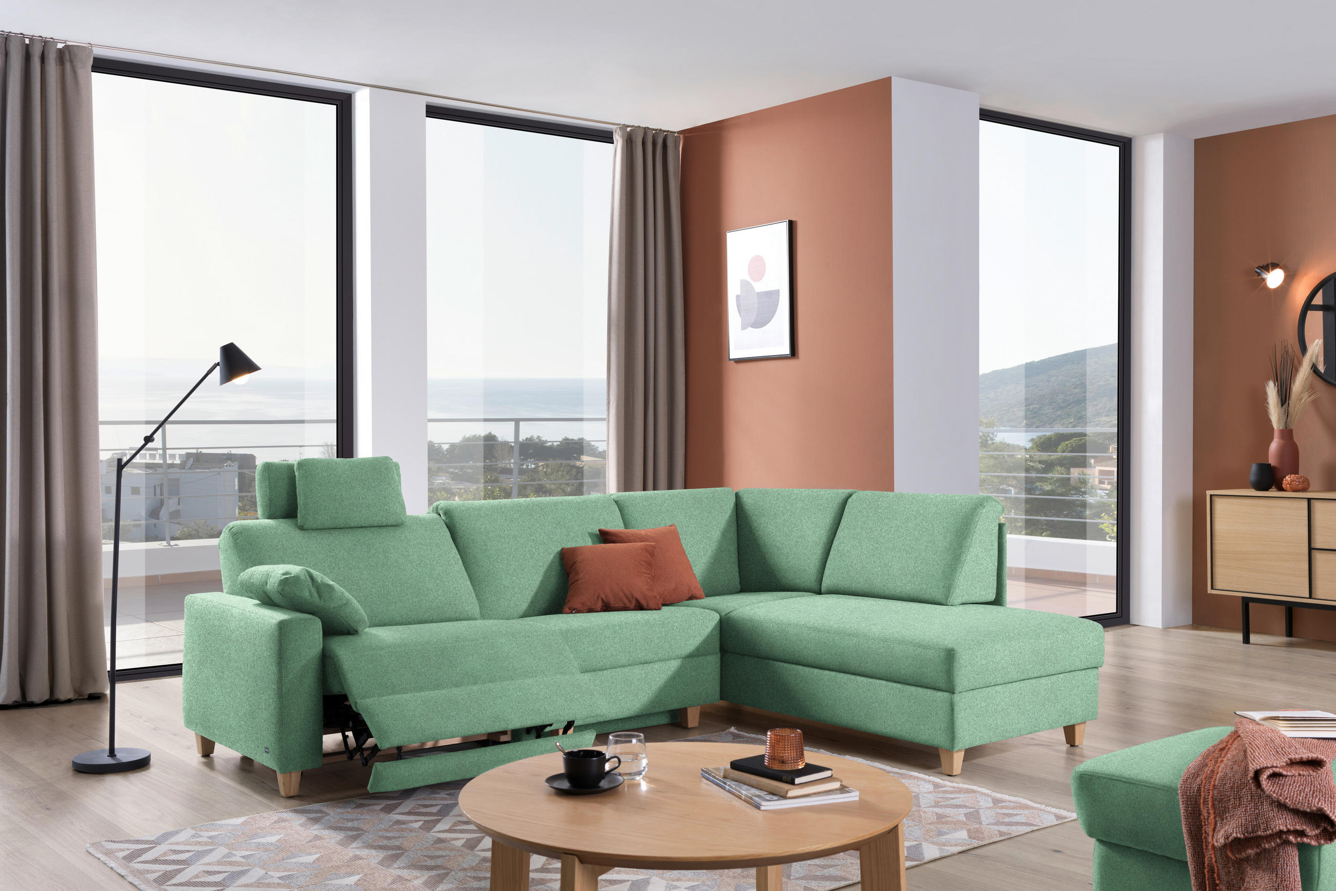 ECKSOFA in Flachgewebe Mintgrün  261/203 cm  - Eichefarben/Mintgrün, KONVENTIONELL, Holz/Textil (261/203cm) - Sedda