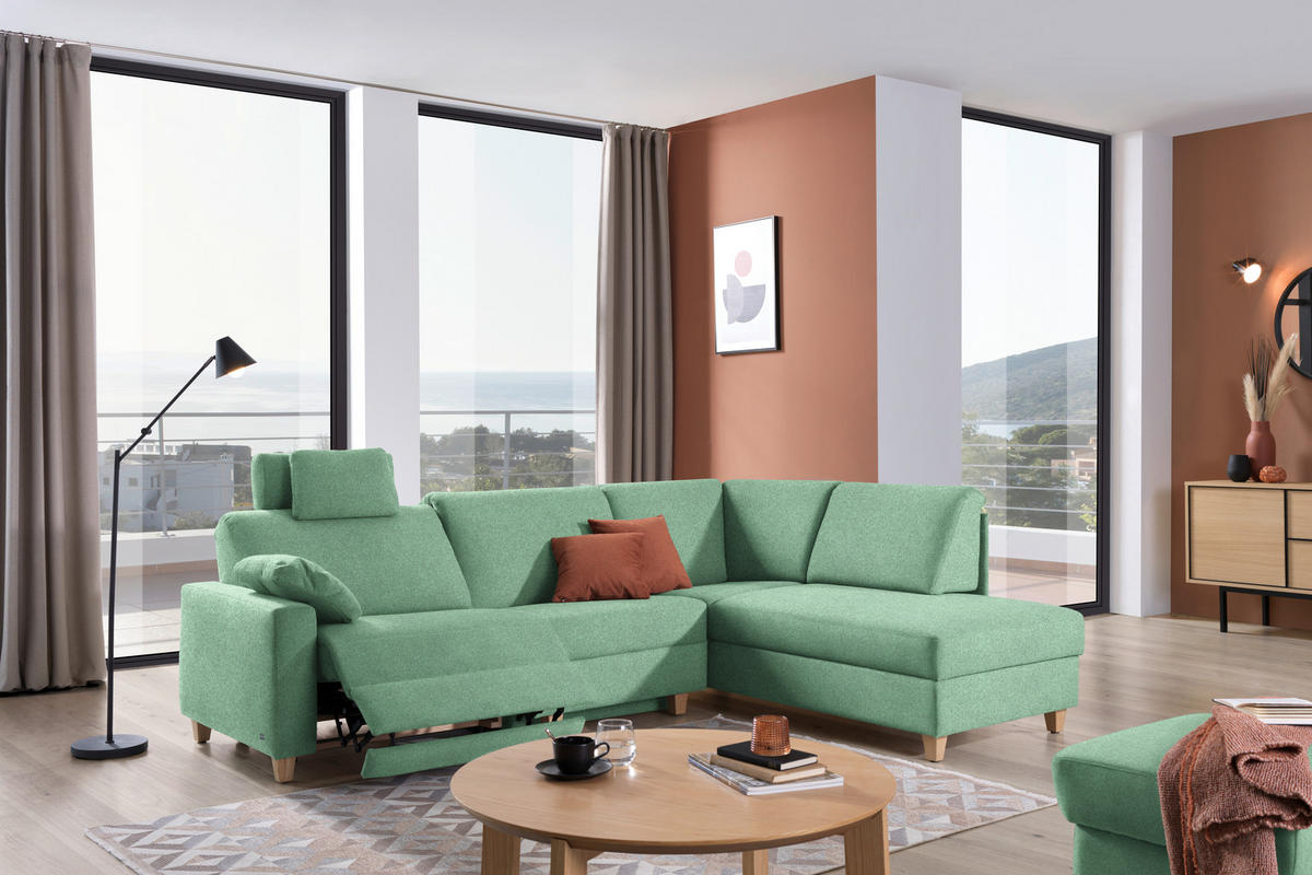 ECKSOFA in Flachgewebe Mintgrün  261/203 cm  - Eichefarben/Mintgrün, KONVENTIONELL, Holz/Textil (261/203cm) - Sedda
