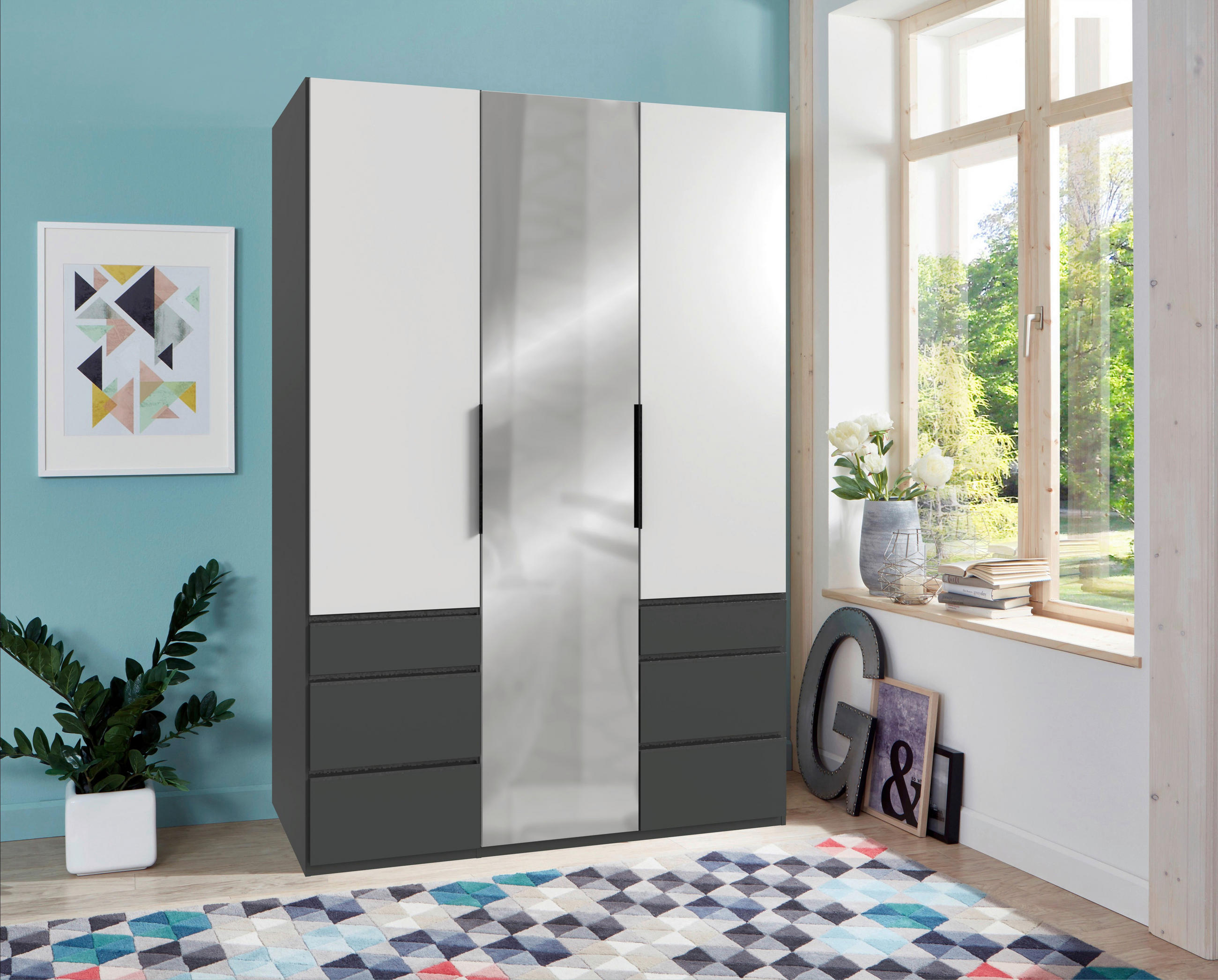 DREHTÜRENSCHRANK in Graphitfarben, Weiss  - Weiss/Schwarz, Konventionell, Holzwerkstoff/Metall (150/216/58cm) - Hom`in