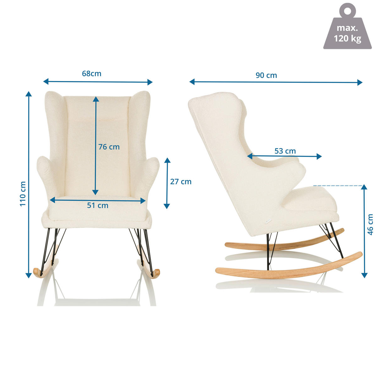 LOUNGESESSEL Bouclé Weiß    - Hellbraun/Schwarz, MODERN, Holz/Textil (68/110/90cm) - MID.YOU