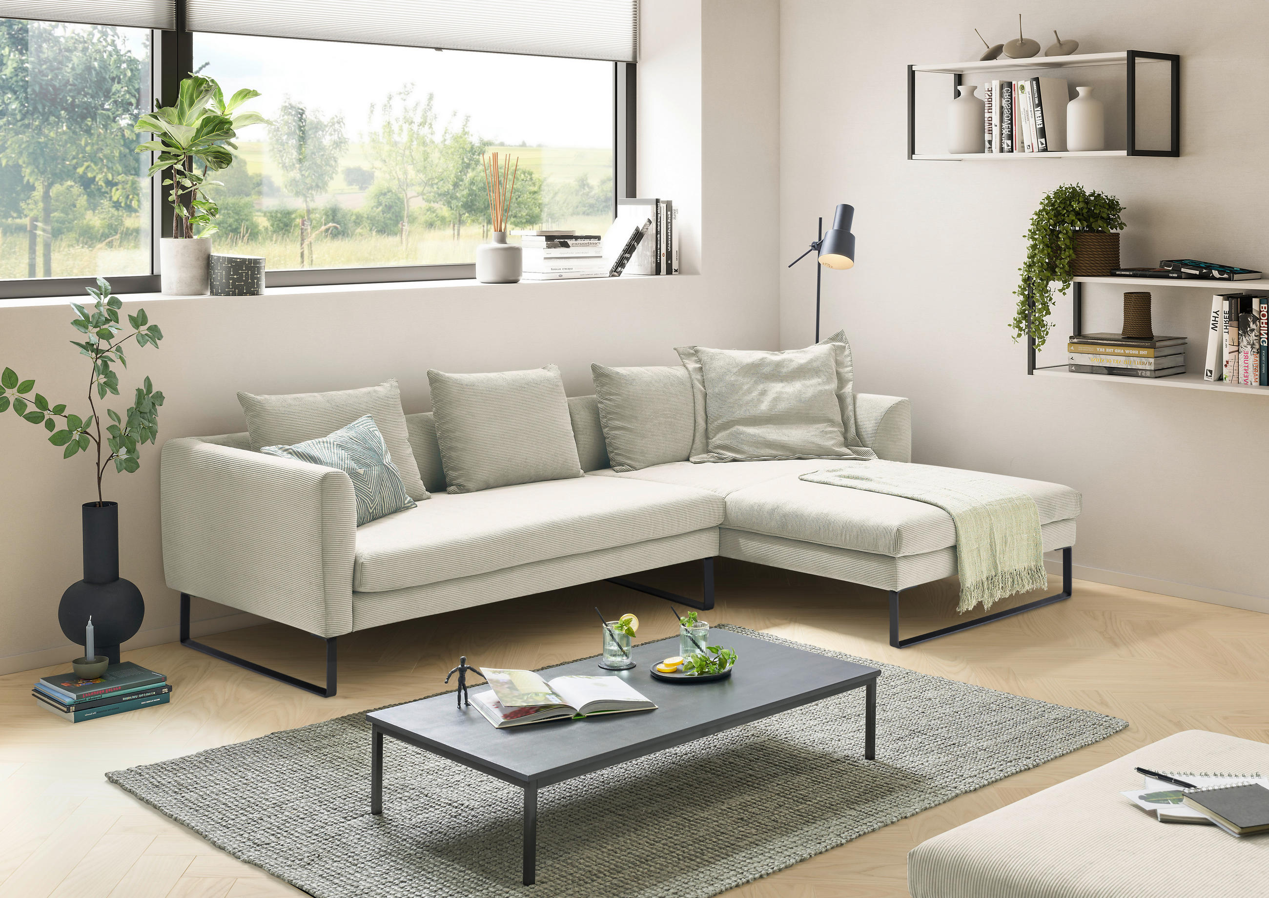 ECKSOFA Creme Cord  - Creme/Schwarz, KONVENTIONELL, Textil/Metall (284/178cm) - Hom`in
