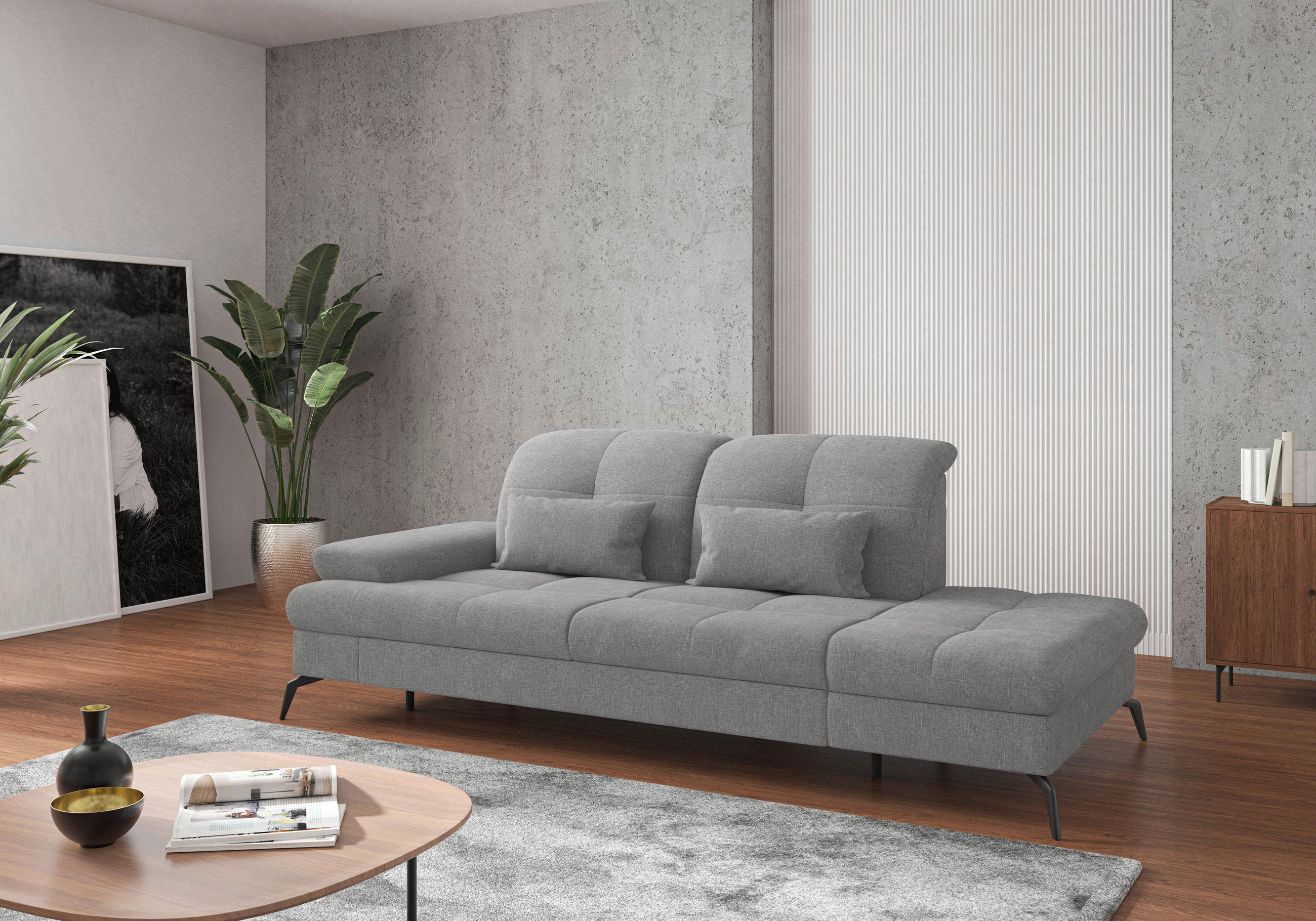 RÉCAMIERE Hellgrau Flachgewebe  - Hellgrau/Schwarz, KONVENTIONELL, Textil/Metall (231/90/122cm) - Sit & More